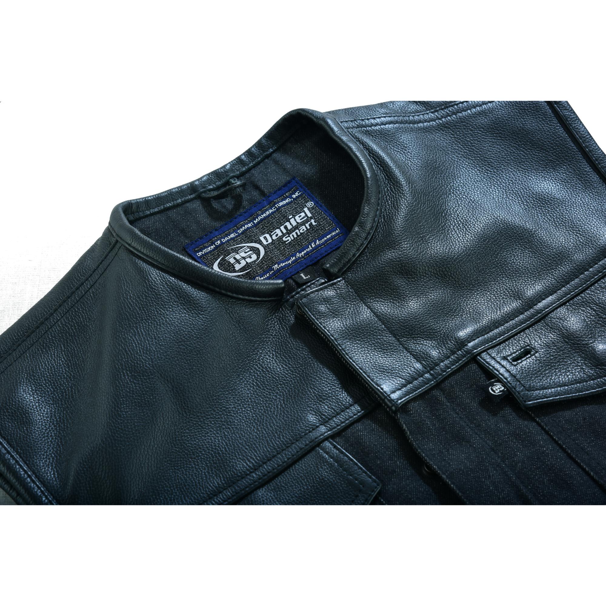 DM Men's Leather-Denim Combo Motorcycle  Vest - No Collar