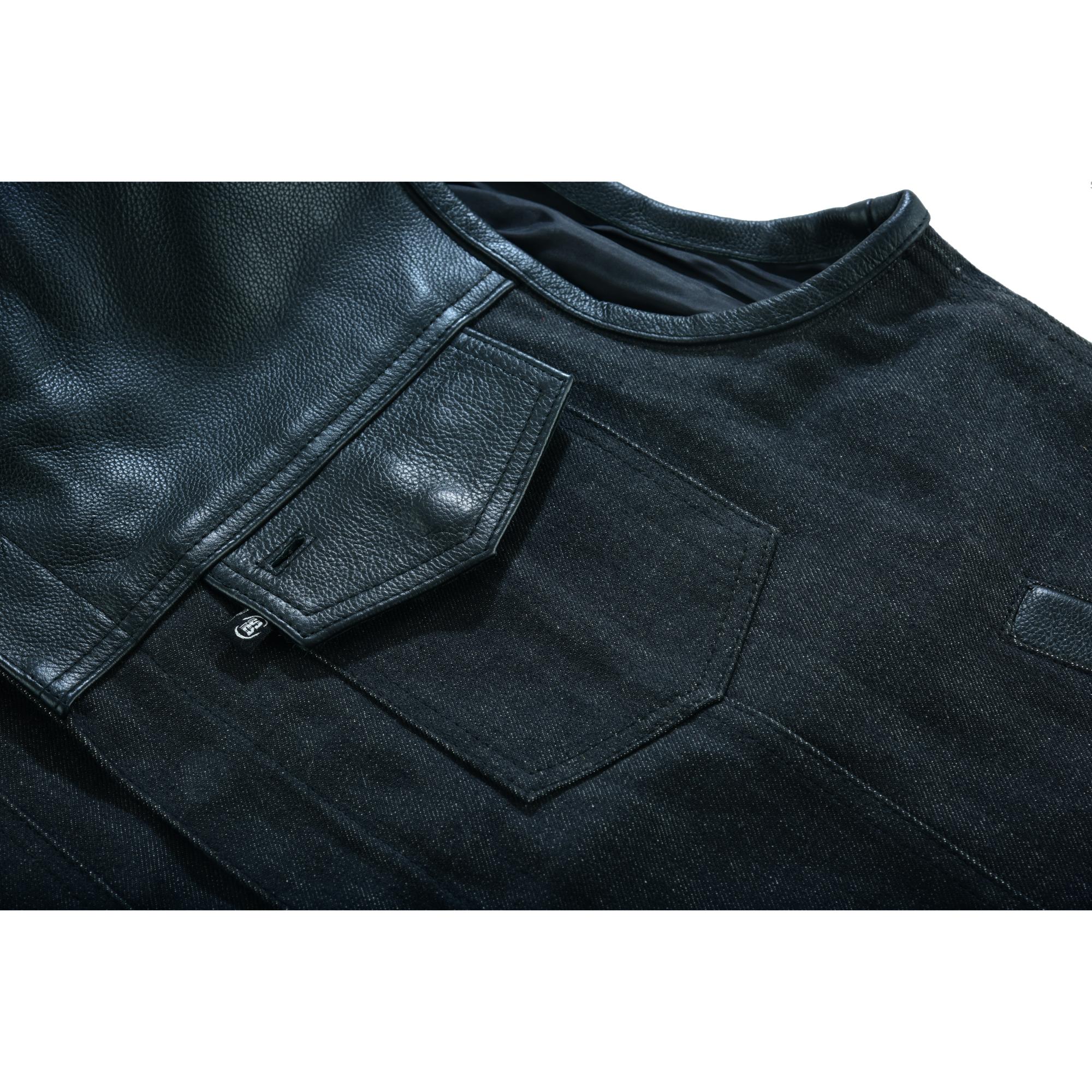 DM Men's Leather-Denim Combo Motorcycle  Vest - No Collar