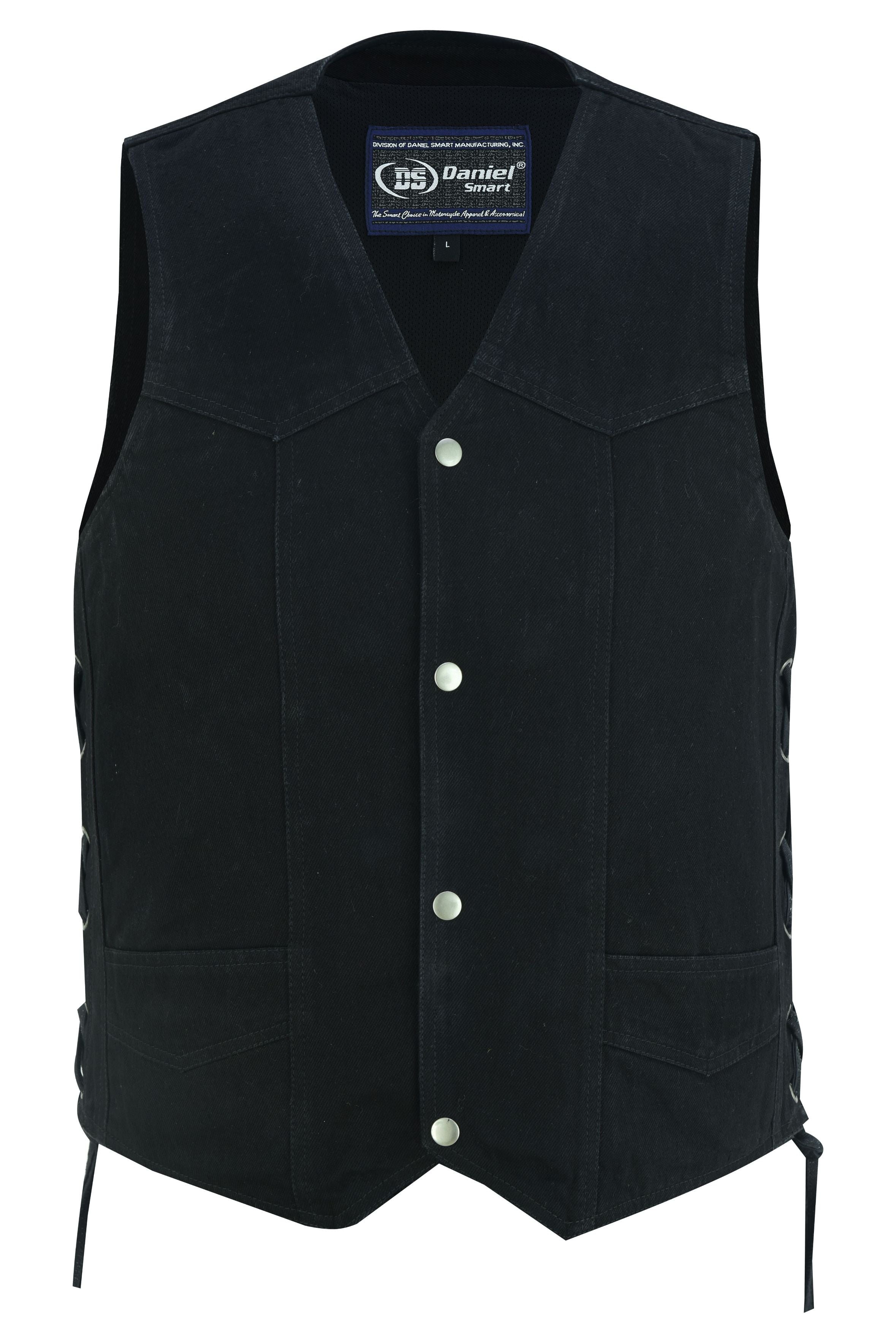 DM Men's Traditional Denim Motorcycle Vest with Side Laces – Smart Access Pockets