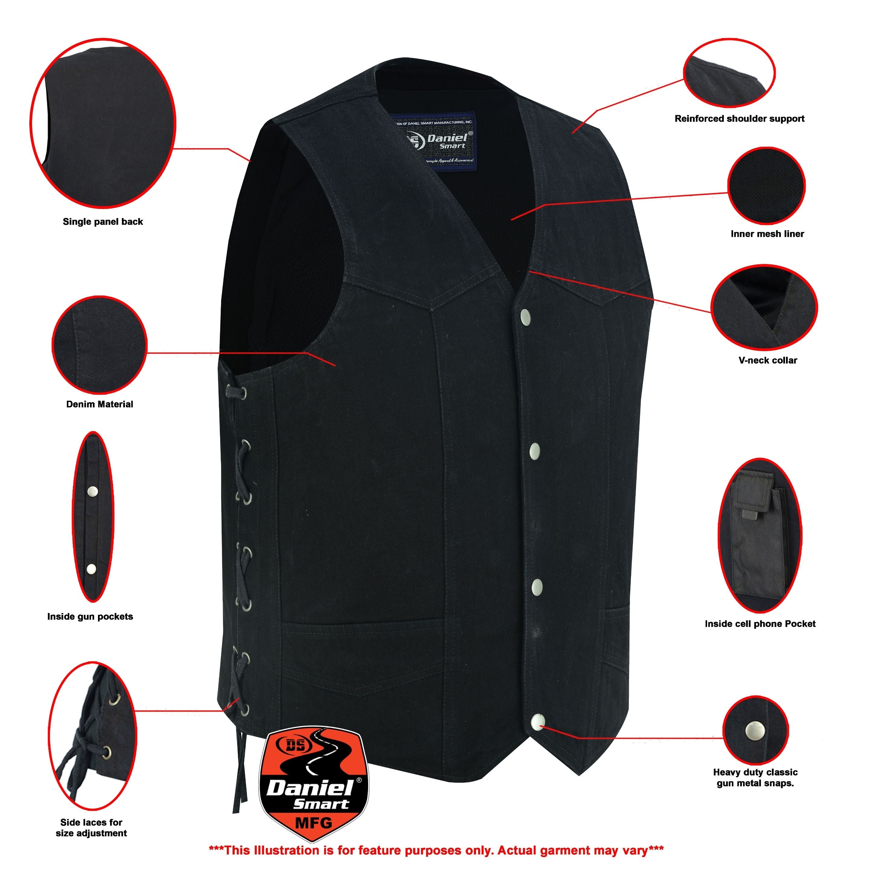 DM Men's Traditional Denim Motorcycle Vest with Side Laces – Smart Access Pockets