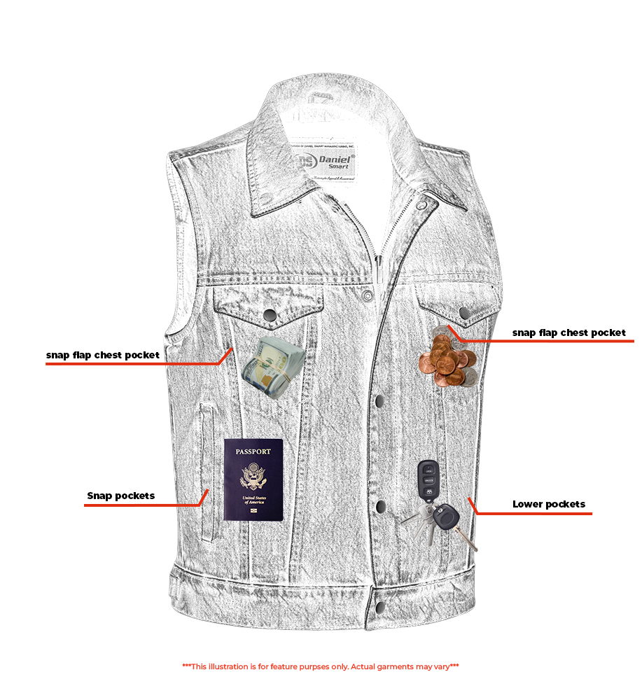 DM Blue Men's  denim motorcycle vest with Snap/Zipper Front