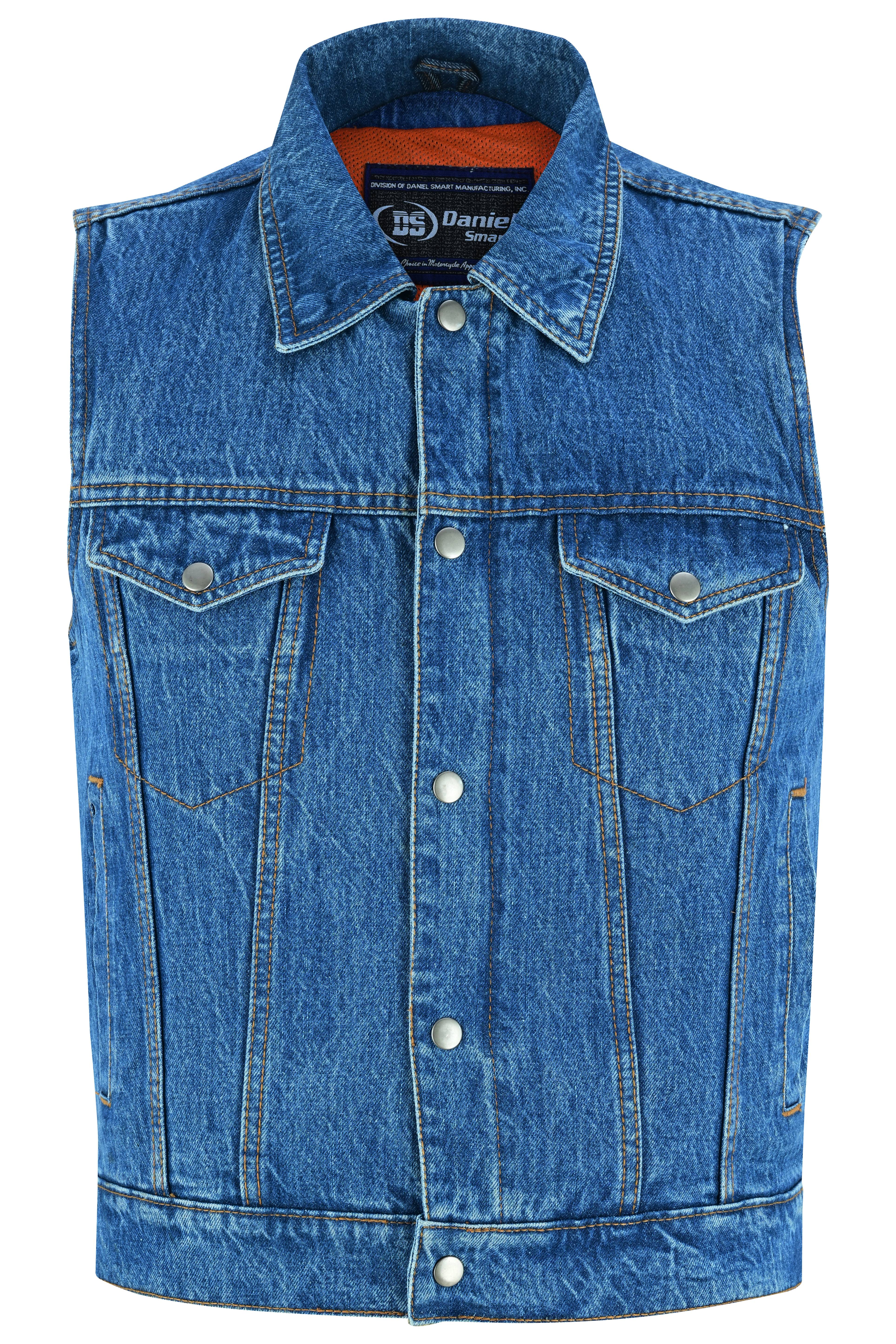 DM Blue Men's  denim motorcycle vest with Snap/Zipper Front