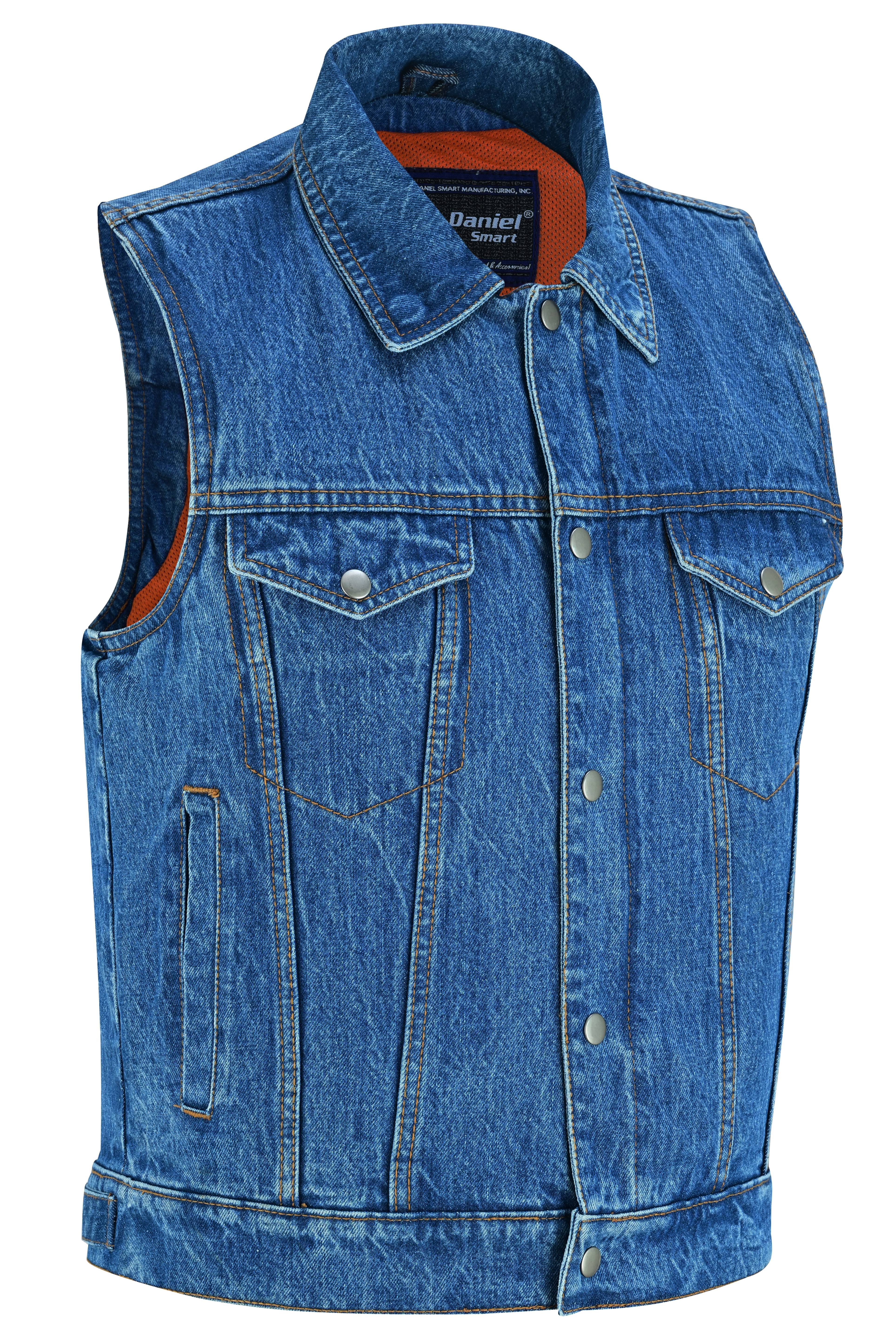 DM Blue Men's  denim motorcycle vest with Snap/Zipper Front