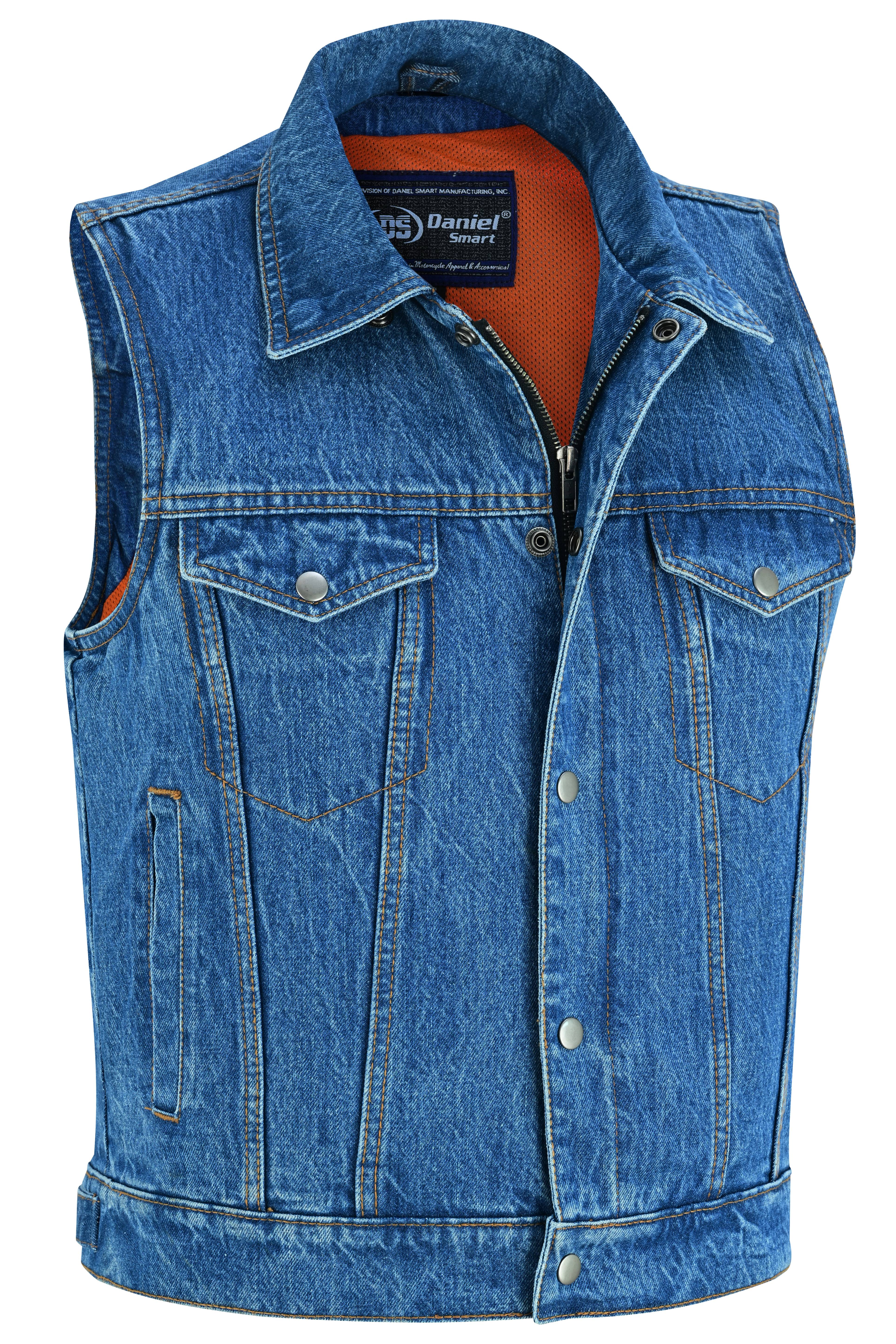 DM Blue Men's  denim motorcycle vest with Snap/Zipper Front