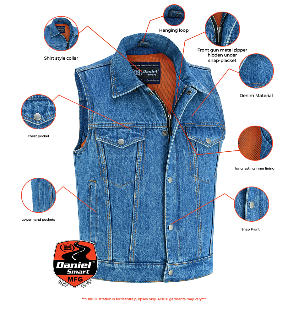 DM Blue Men's  denim motorcycle vest with Snap/Zipper Front