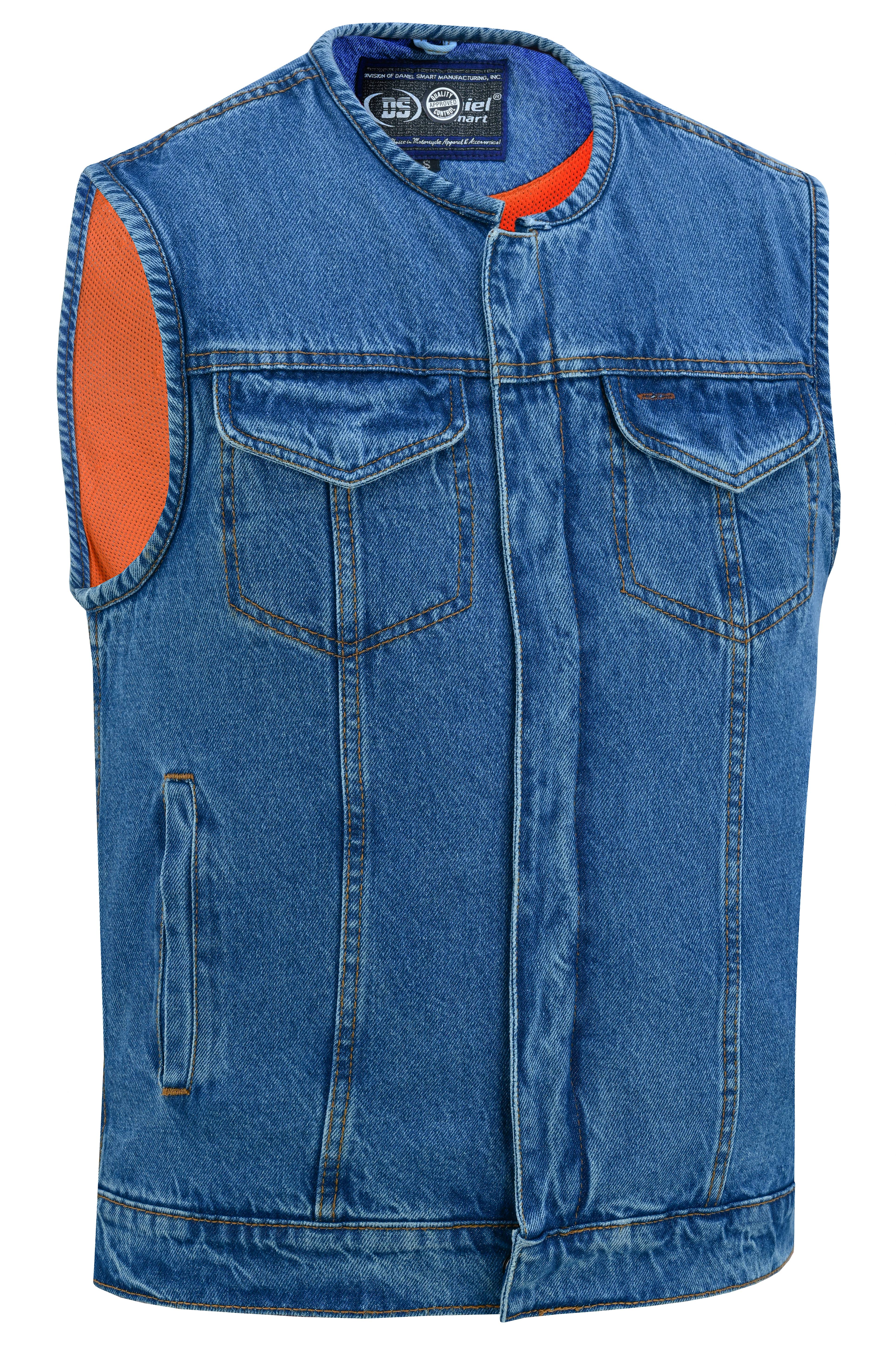 DM Mens Blue Denim Motorcycle Vest with Concealed Snaps & Zipper