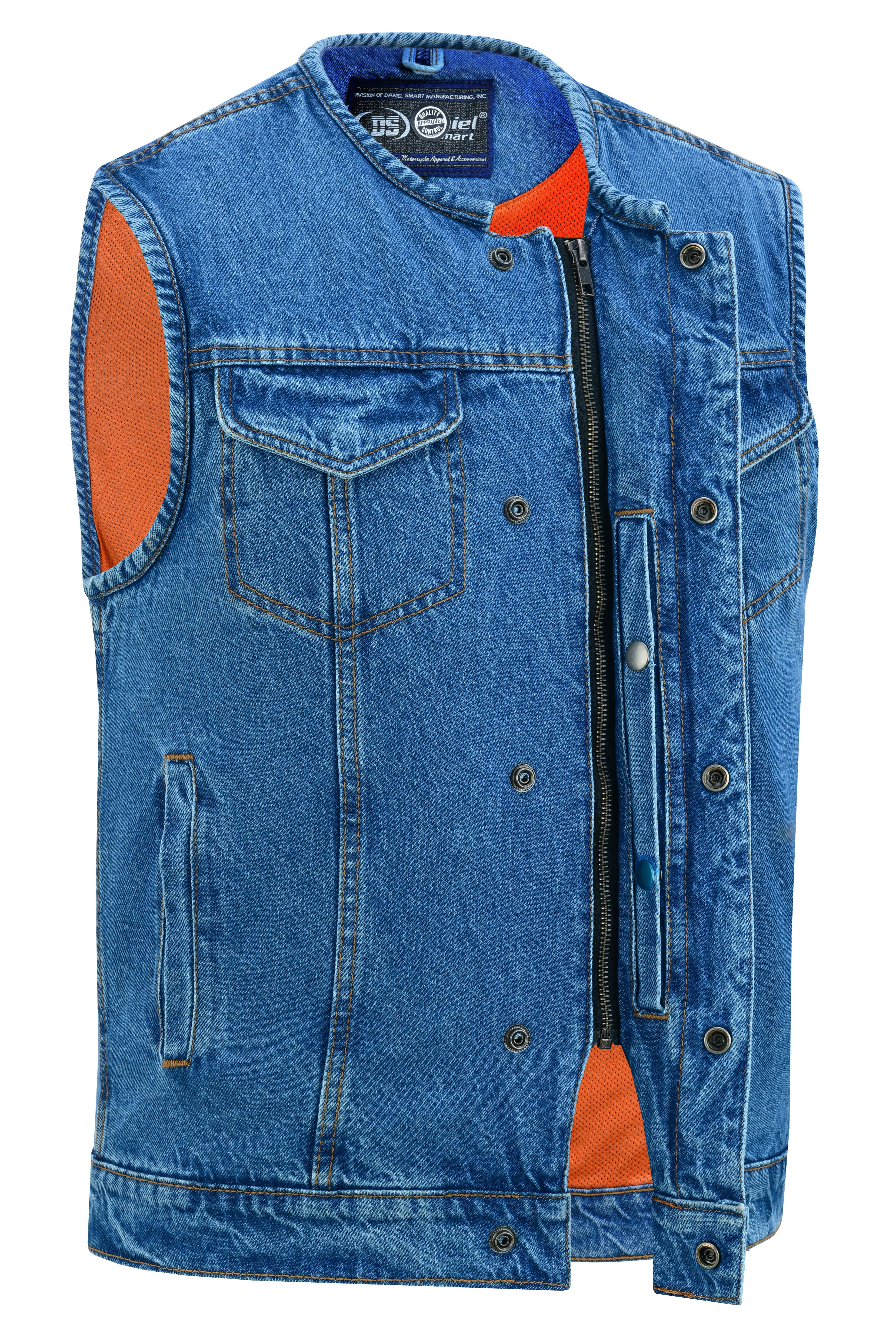 DM Mens Blue Denim Motorcycle Vest with Concealed Snaps & Zipper