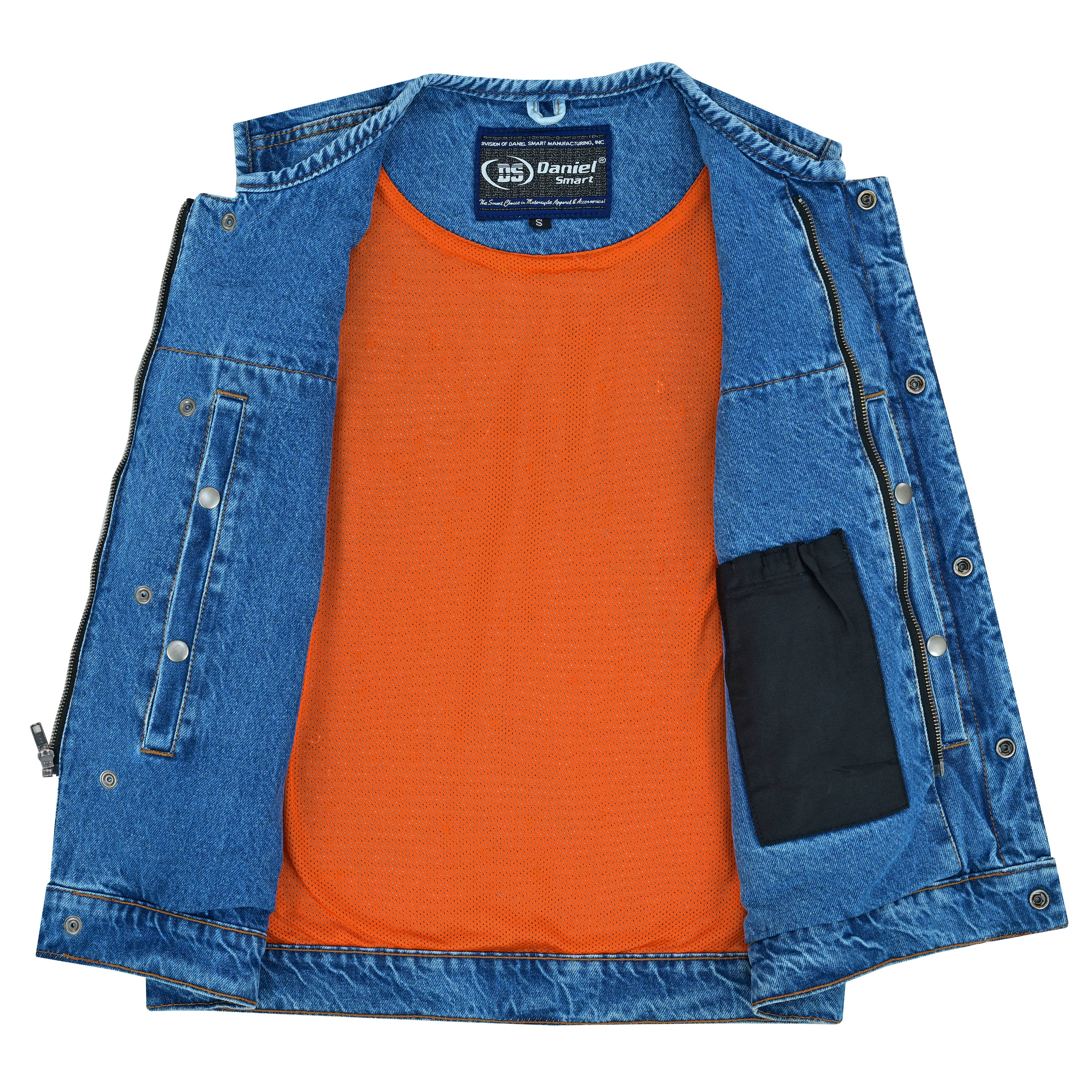 DM Mens Blue Denim Motorcycle Vest with Concealed Snaps & Zipper