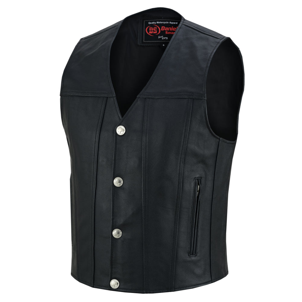 DS Buffalo Nickel Black Leather Vest for Men - Customizable Back & Satin Liner