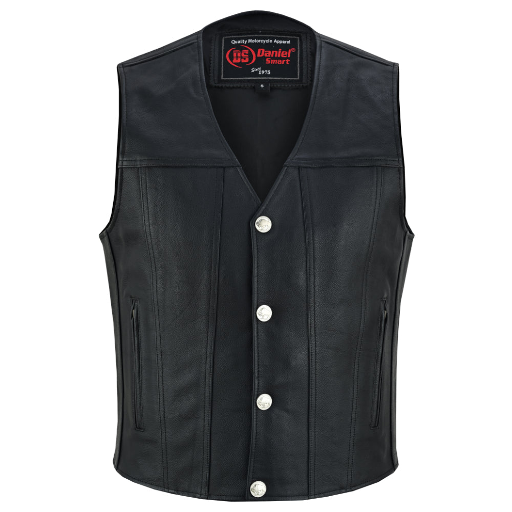 DS Buffalo Nickel Black Leather Vest for Men - Customizable Back & Satin Liner