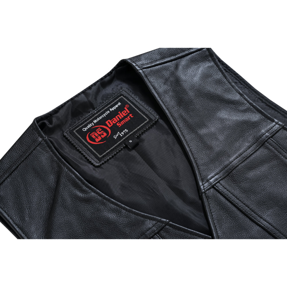 DS Buffalo Nickel Black Leather Vest for Men - Customizable Back & Satin Liner