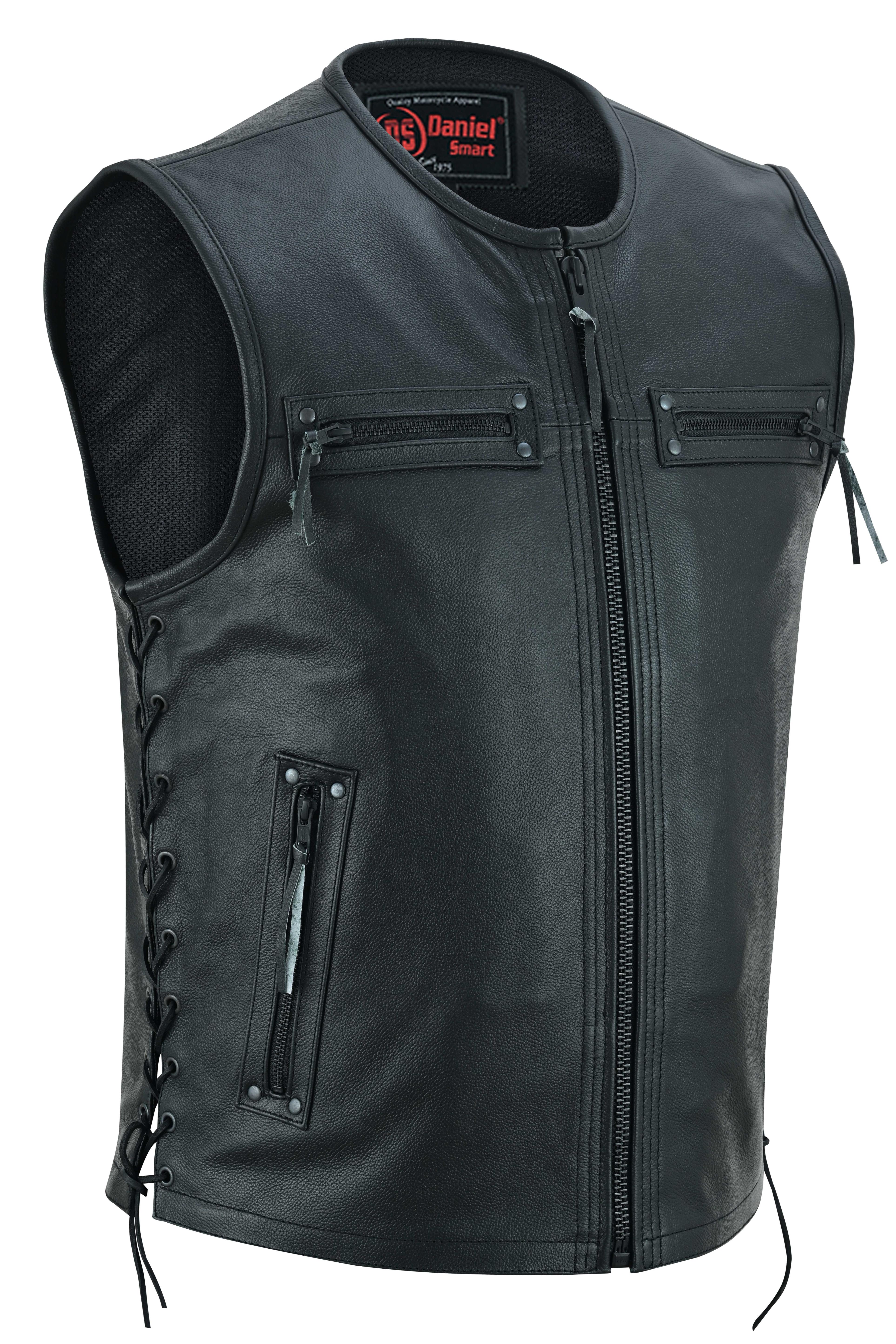 DS Men's Zipper Front Black Leather Motorcycle Vest