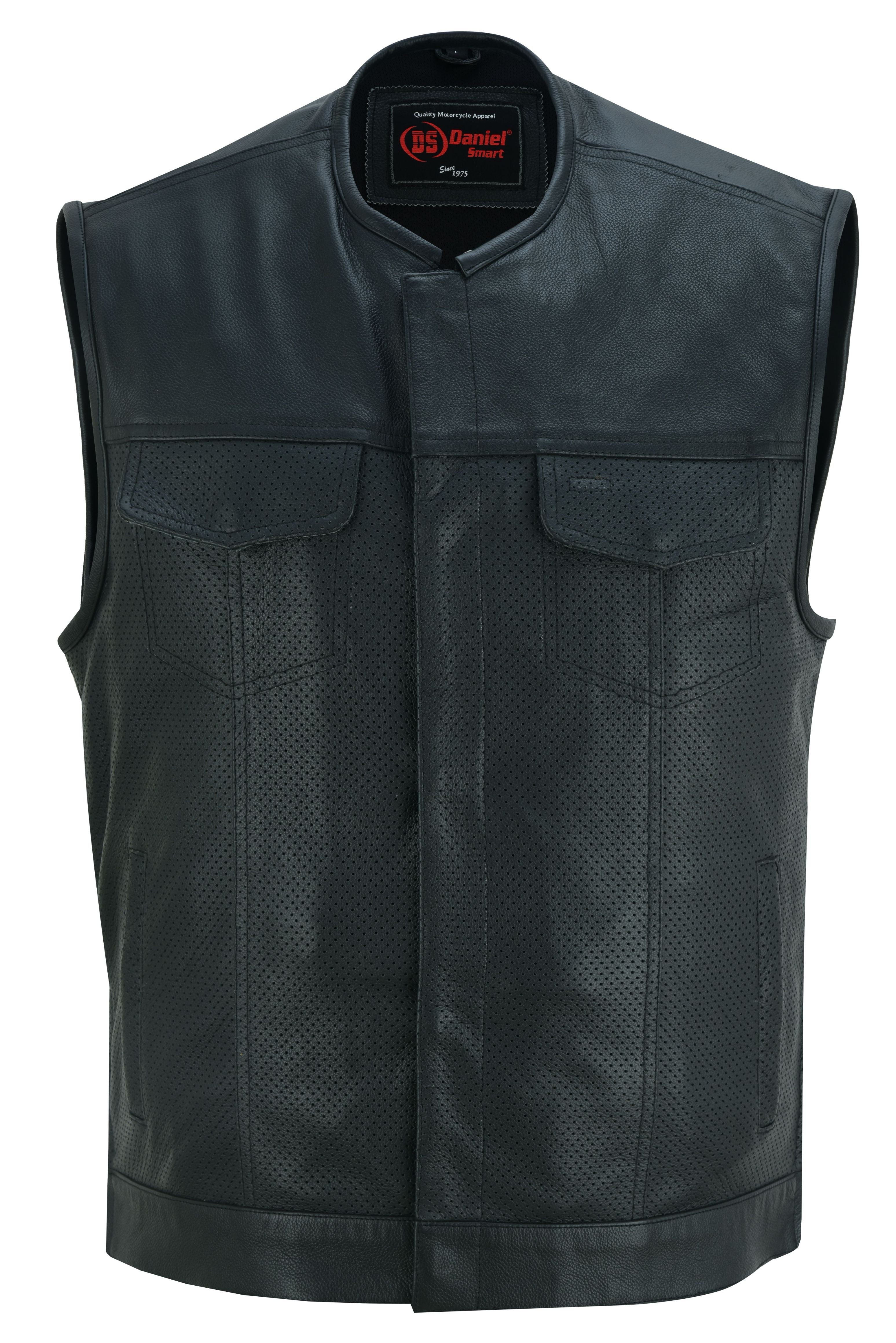 DS Men's Collarless Perforated Leather Vest - Black