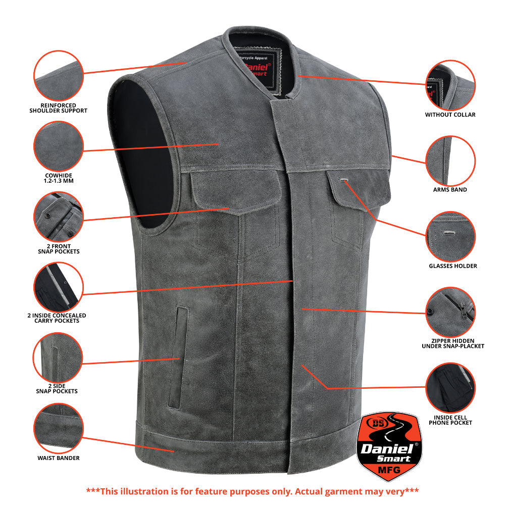 DS Men's Distressed Gray Cowhide Leather  Motorcycle Vest