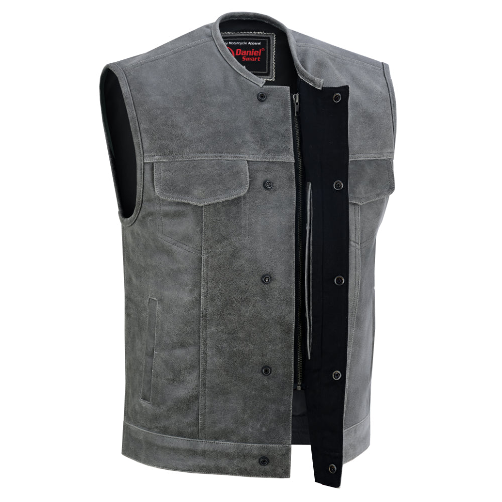 DS Men's Distressed Gray Cowhide Leather  Motorcycle Vest