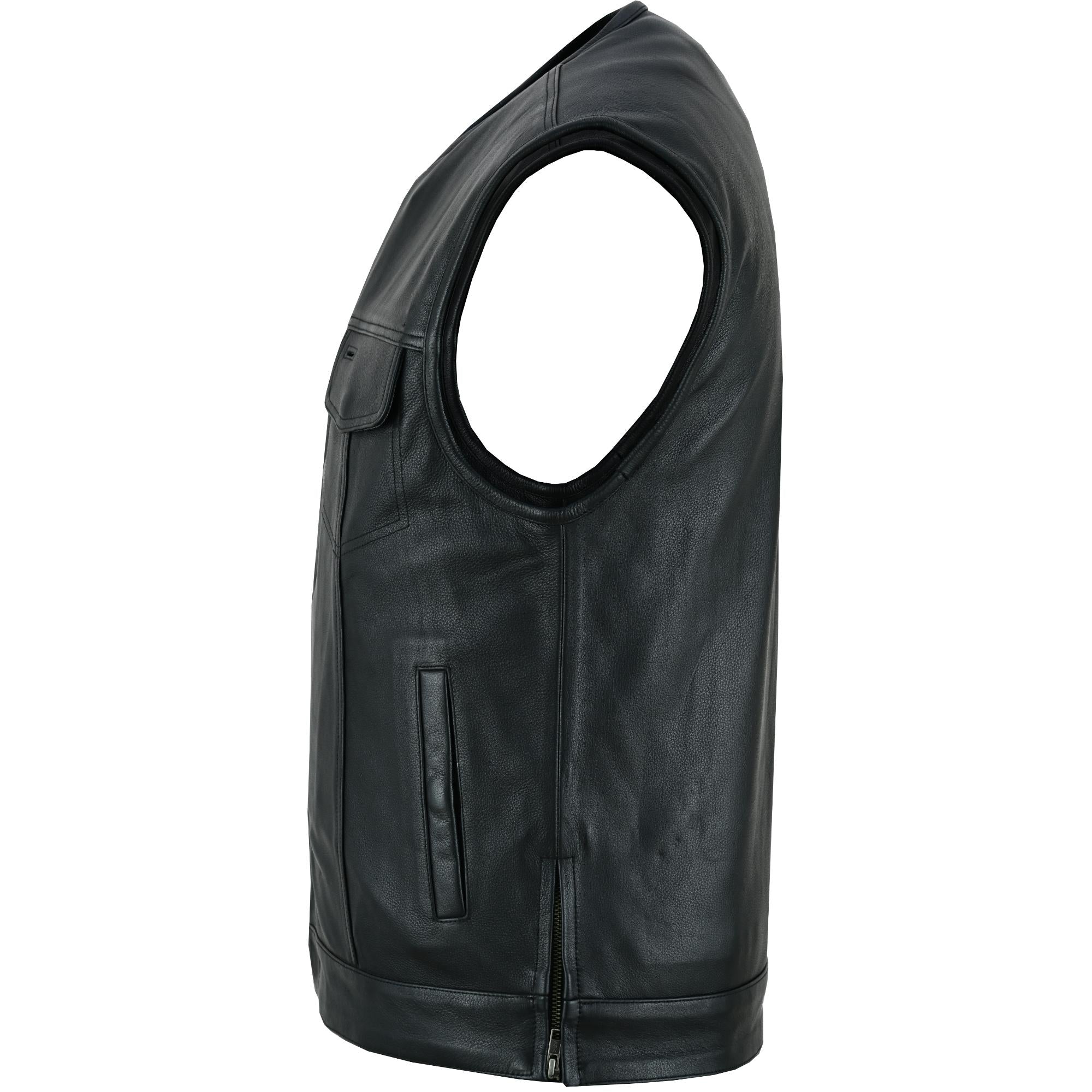 DS Men's Black Leather Motorcycle Vest with Upgraded Style