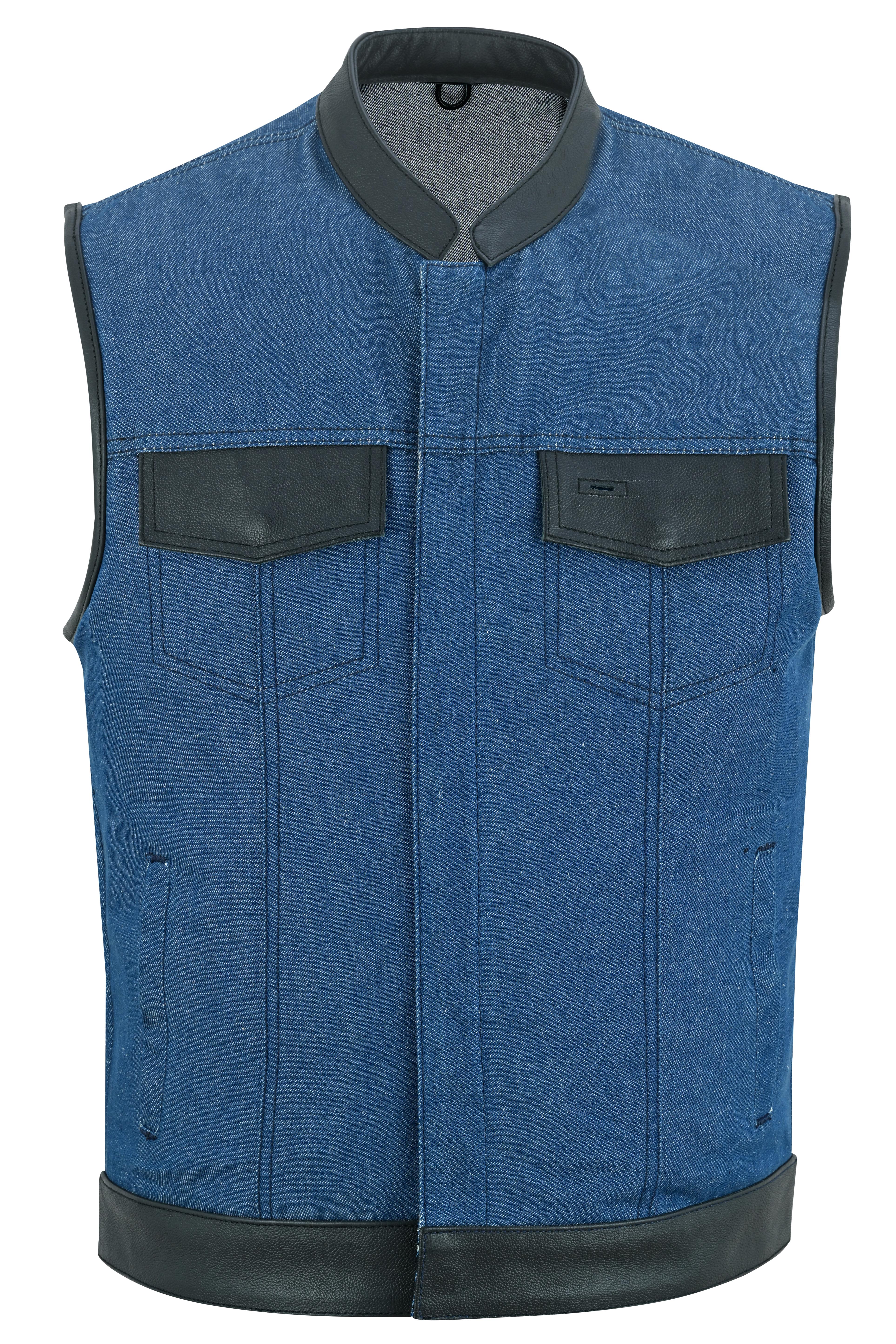 DM Men's Upgraded Broken Blue Denim Motorcycle Vest w/Leather Trimming