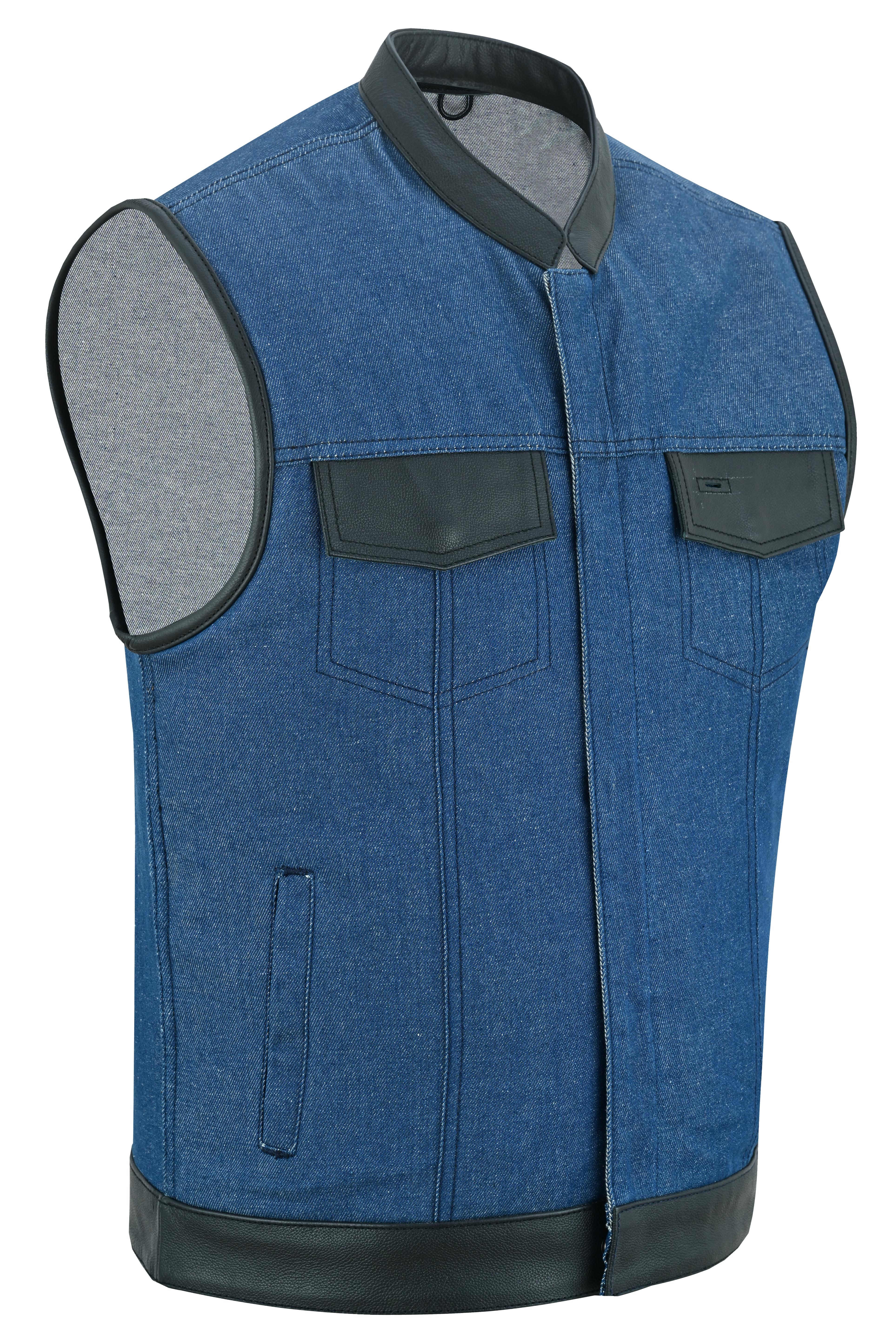 DM Men's Upgraded Broken Blue Denim Motorcycle Vest w/Leather Trimming