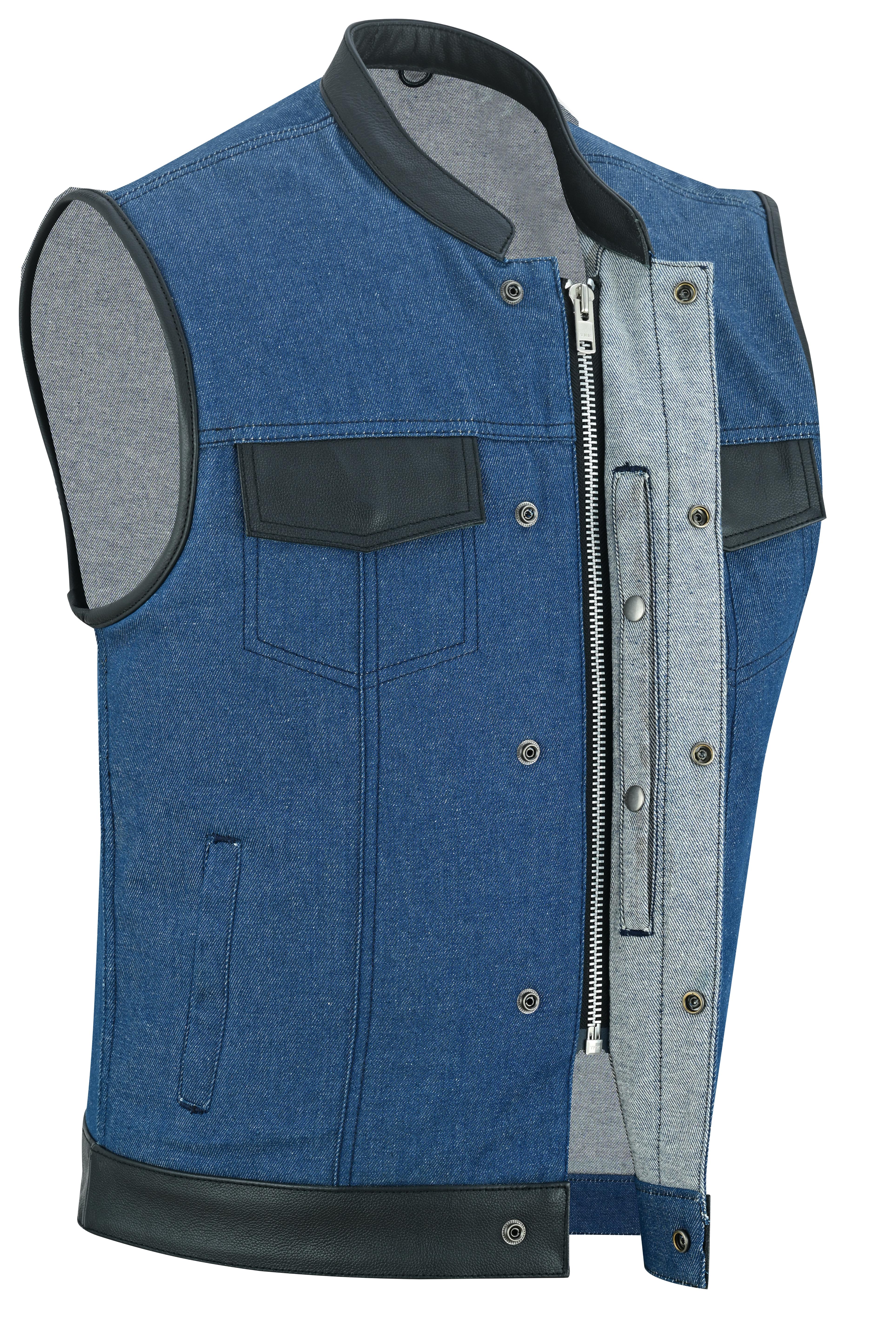 DM Men's Upgraded Broken Blue Denim Motorcycle Vest w/Leather Trimming