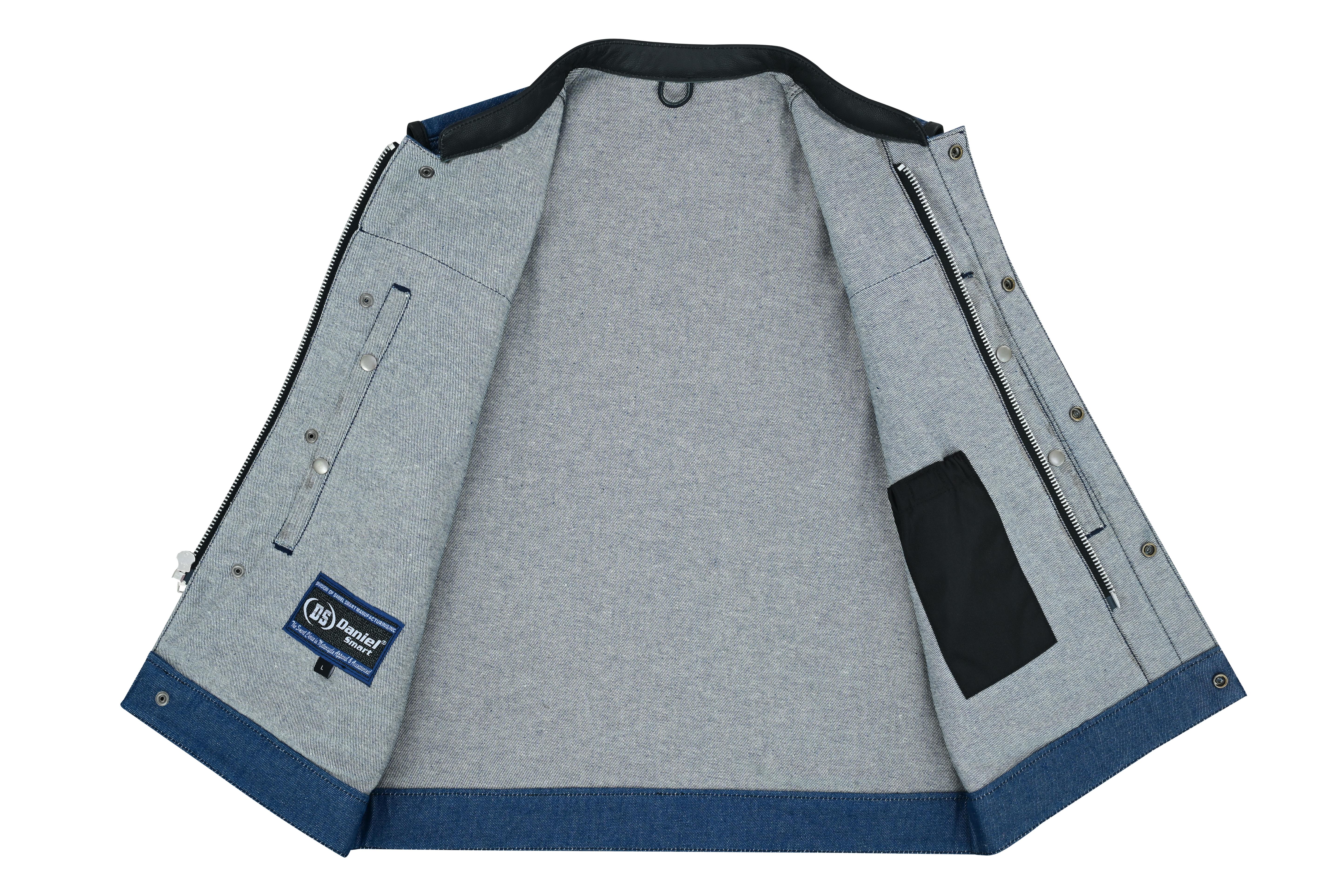 DM Men's Upgraded Broken Blue Denim Motorcycle Vest w/Leather Trimming
