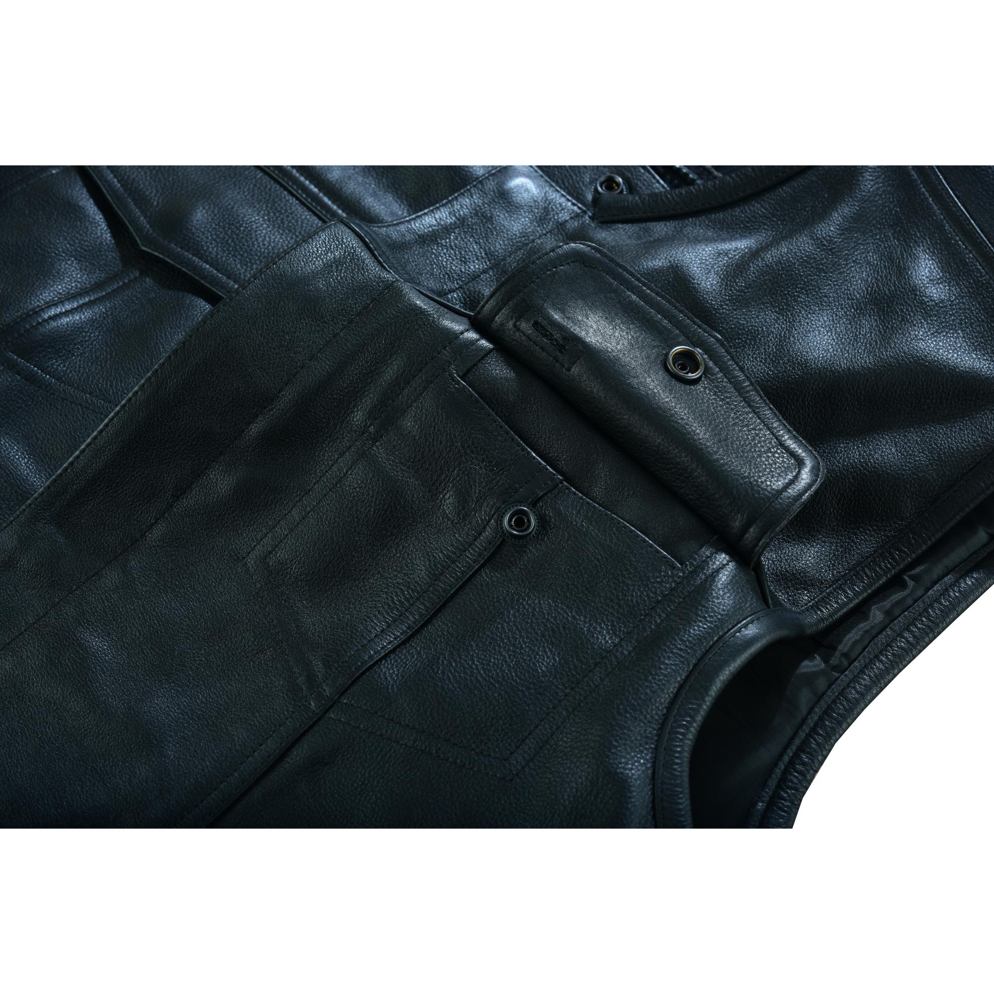 DS Men's Titan Black Leather Vest -  Milled Cowhide, Hidden Zipper