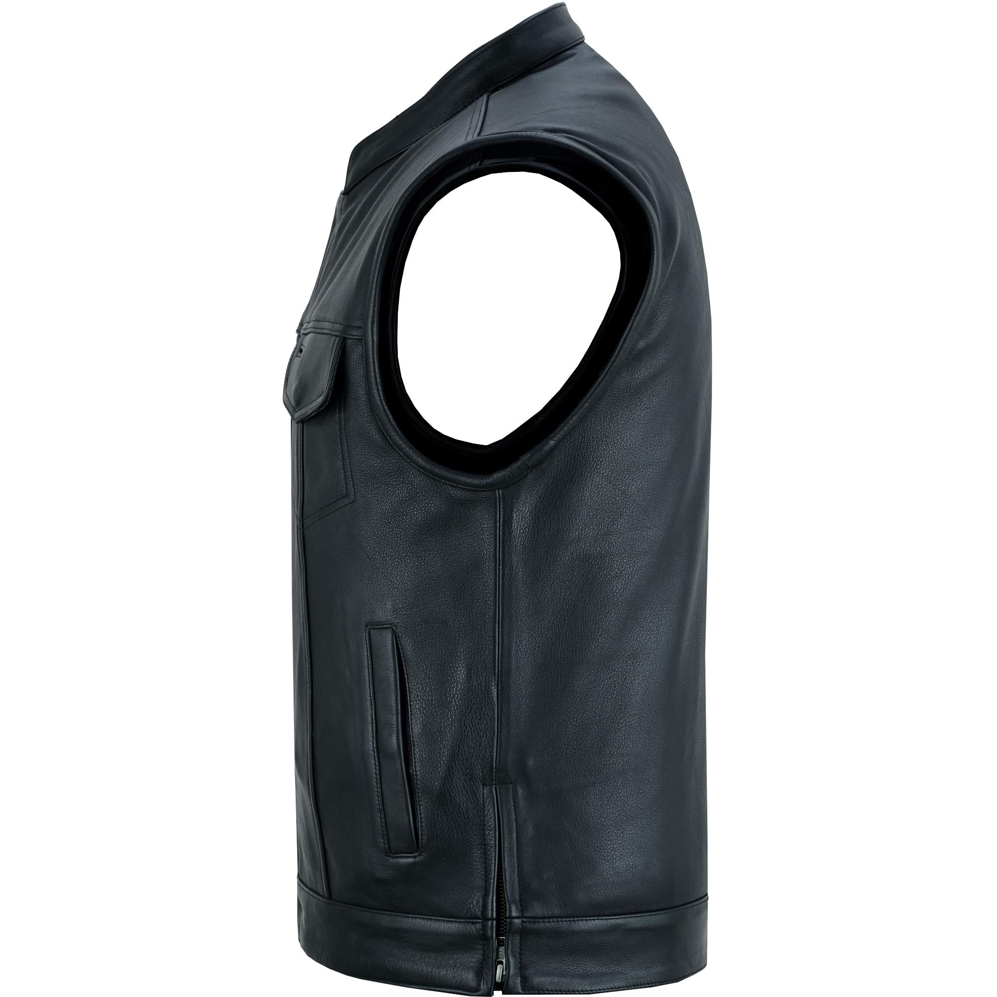 Highway Jack Men's Black Leather Motorcycle Vest Scoop Neck & Snap-Closure Pockets