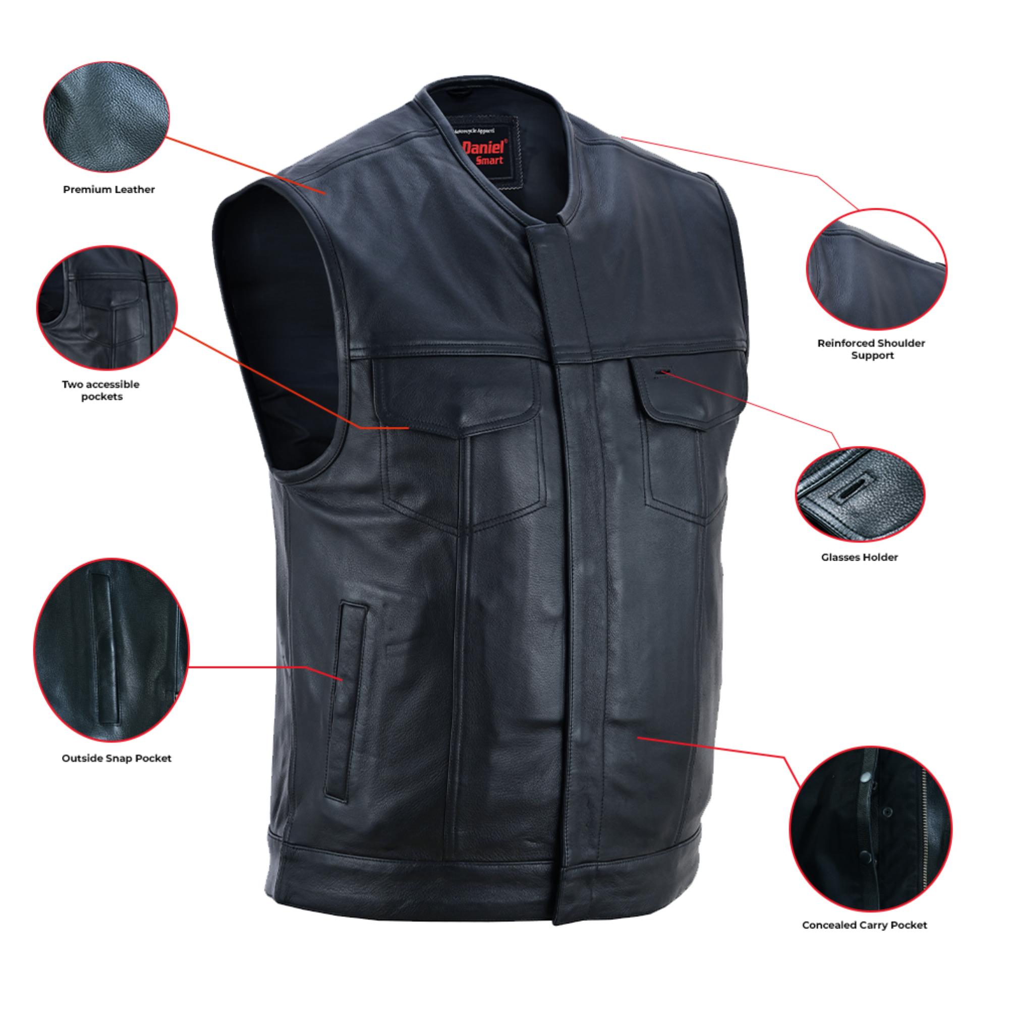 DS Men's Titan Black Leather Vest -  Milled Cowhide, Hidden Zipper
