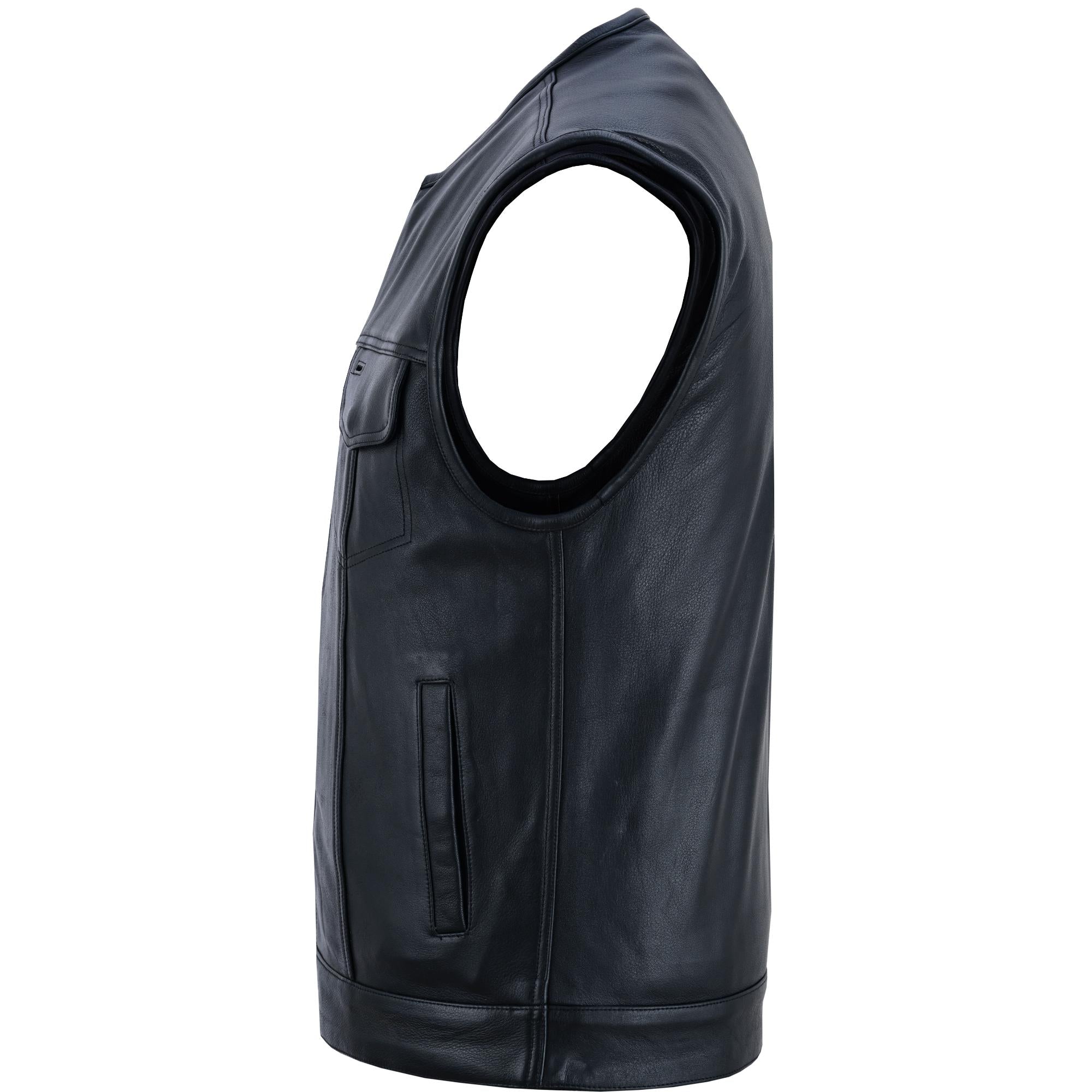 DS Men's Titan Black Leather Vest -  Milled Cowhide, Hidden Zipper