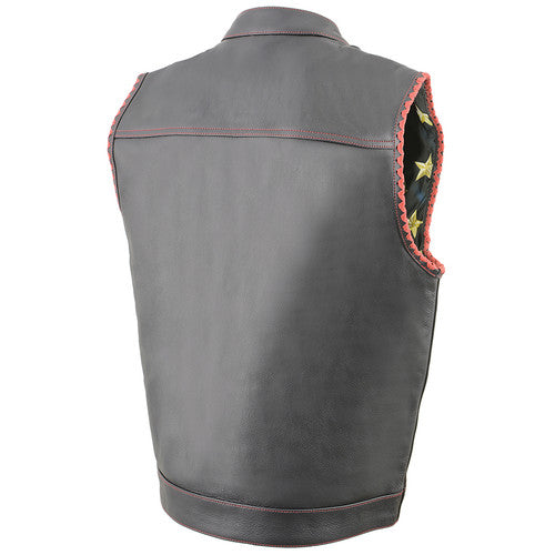 Men's Club Style Leather Vest with American Flag Lining 3506