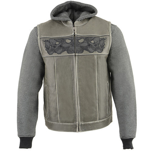 Men's Distressed Gray Vest with Skulls and Removable Hoodie MLM3562 MV