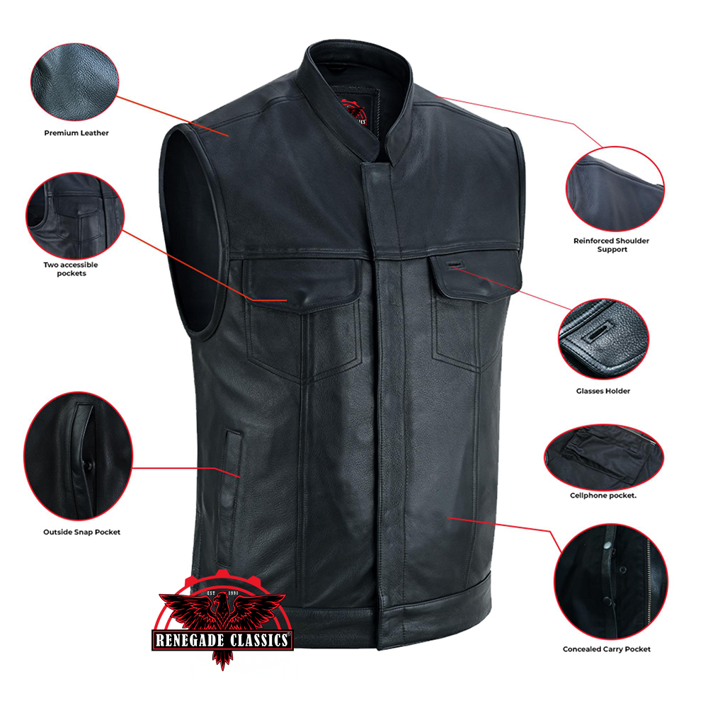 Highway Jack Men's Black Leather Motorcycle Vest Scoop Neck & Snap-Closure Pockets