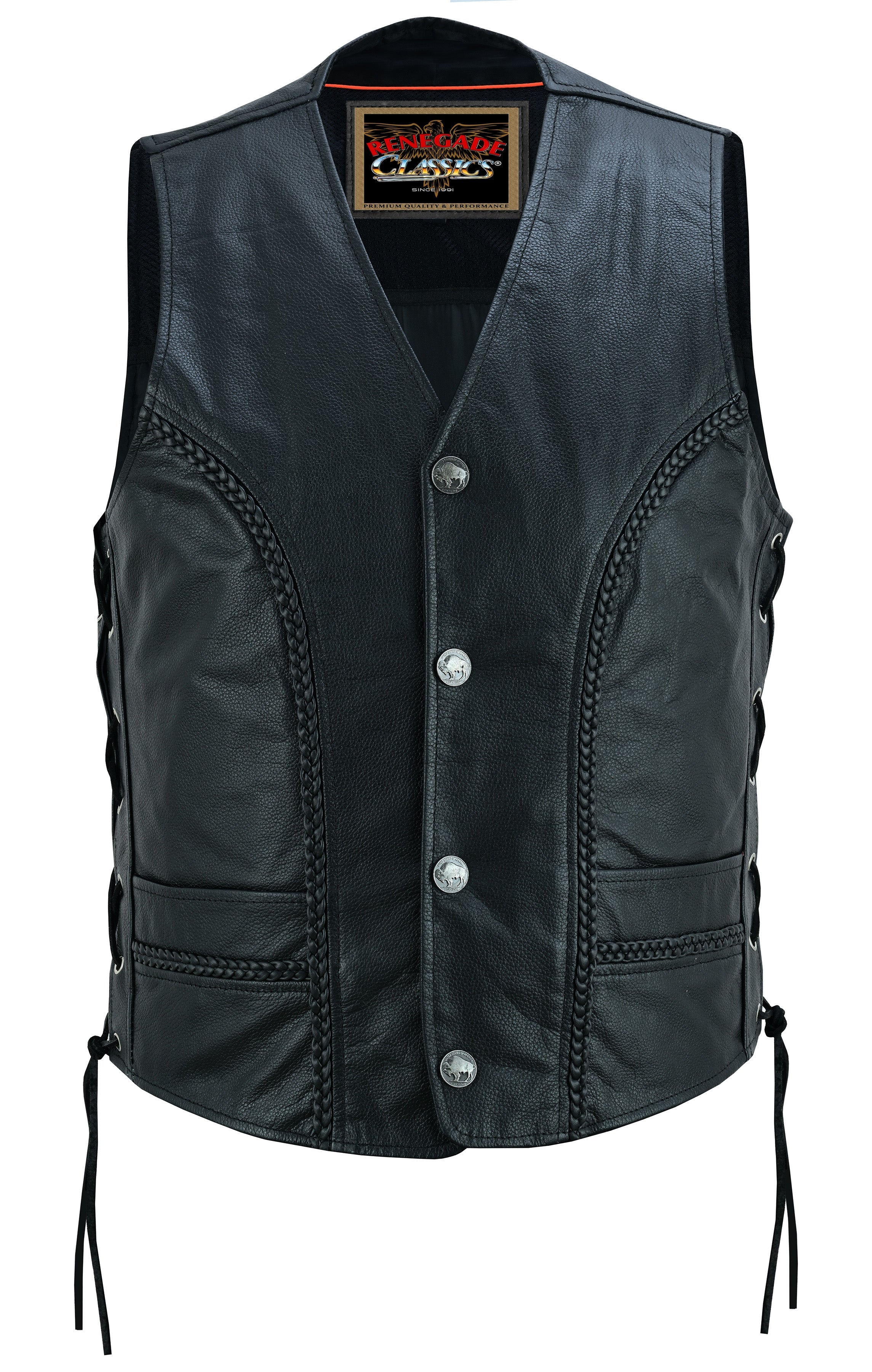 Charlie Men's Black Braided Leather Motorcycle Vest & Lace-Up Sides