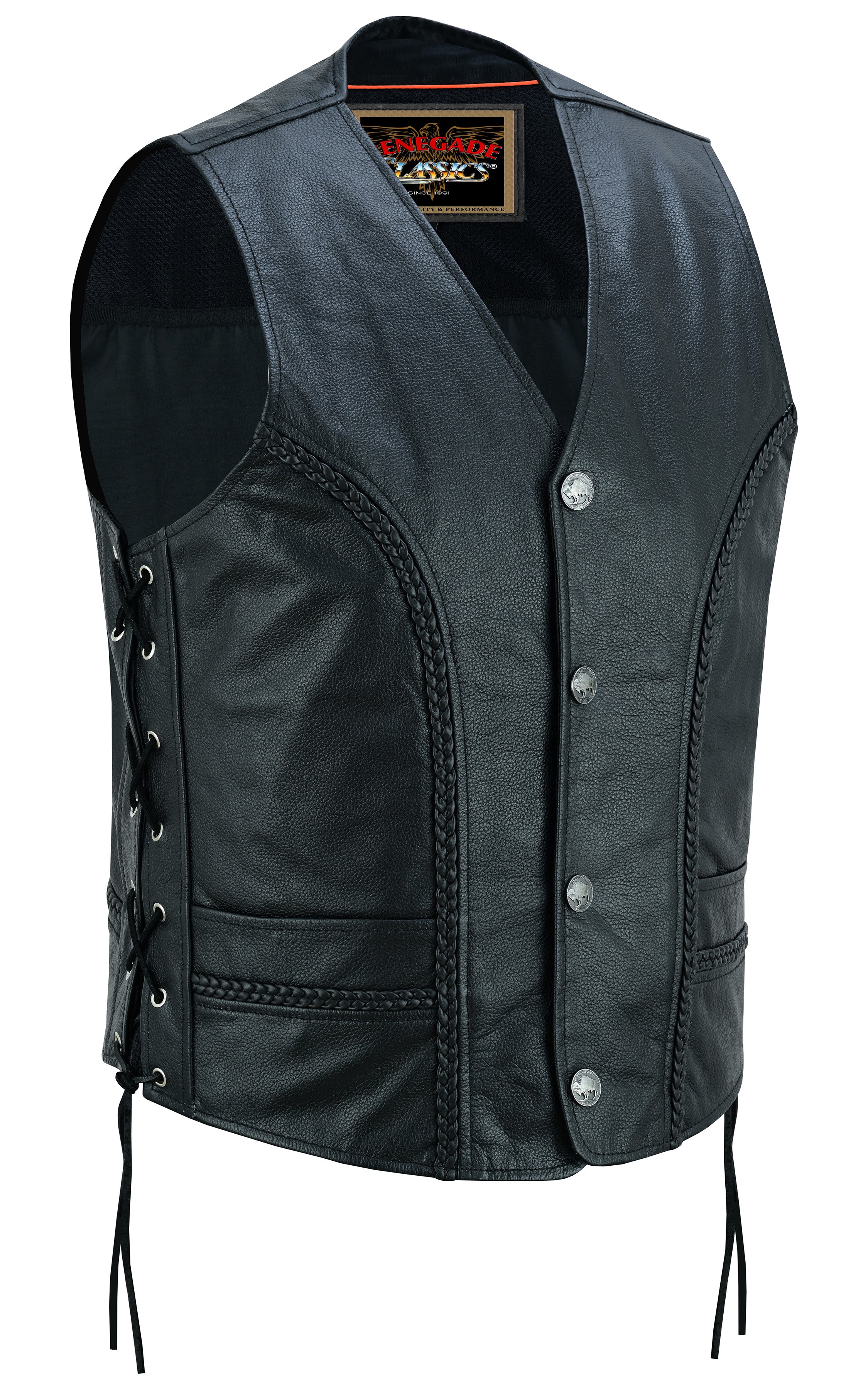 Charlie Men's Black Braided Leather Motorcycle Vest & Lace-Up Sides