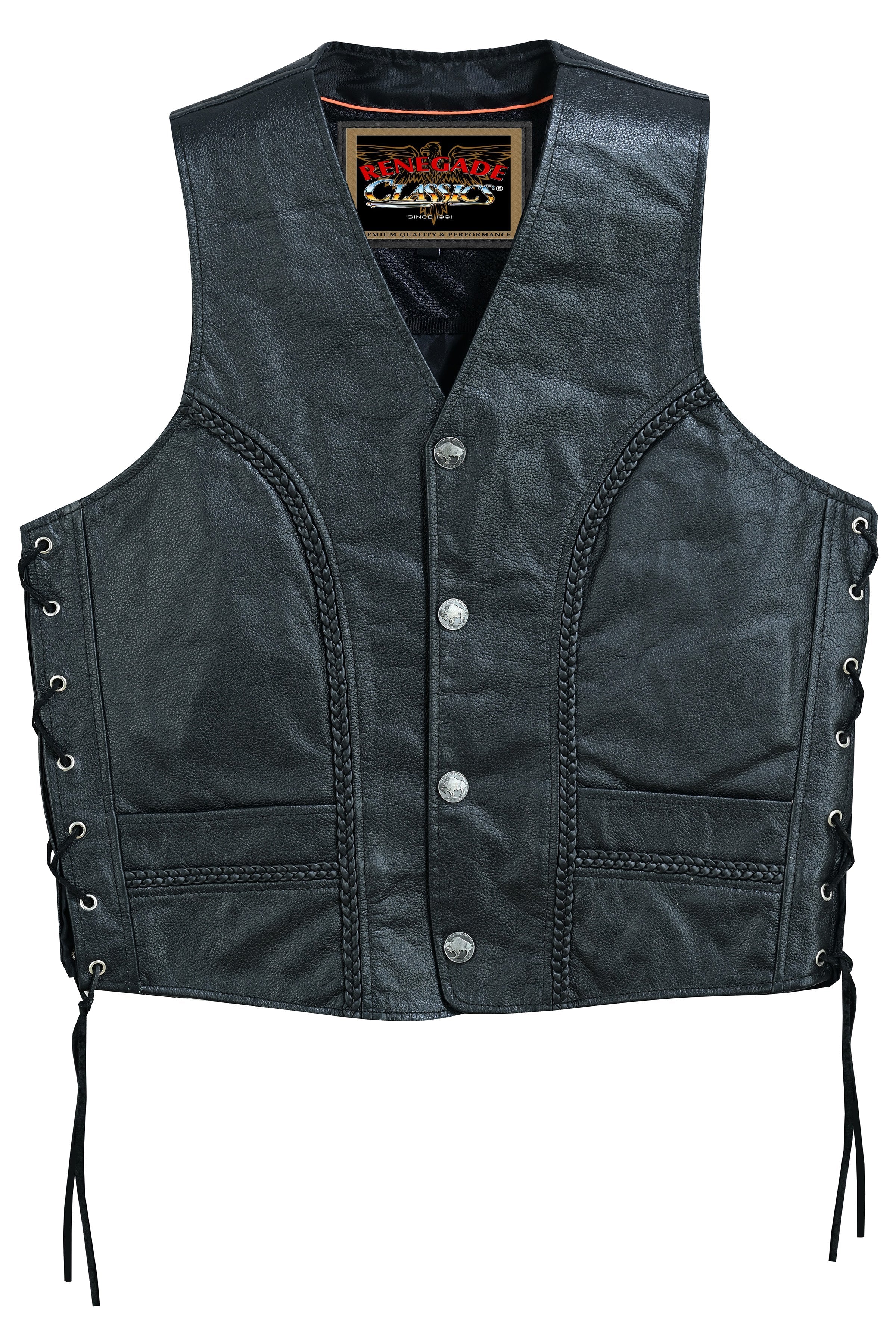 Charlie Men's Black Braided Leather Motorcycle Vest & Lace-Up Sides