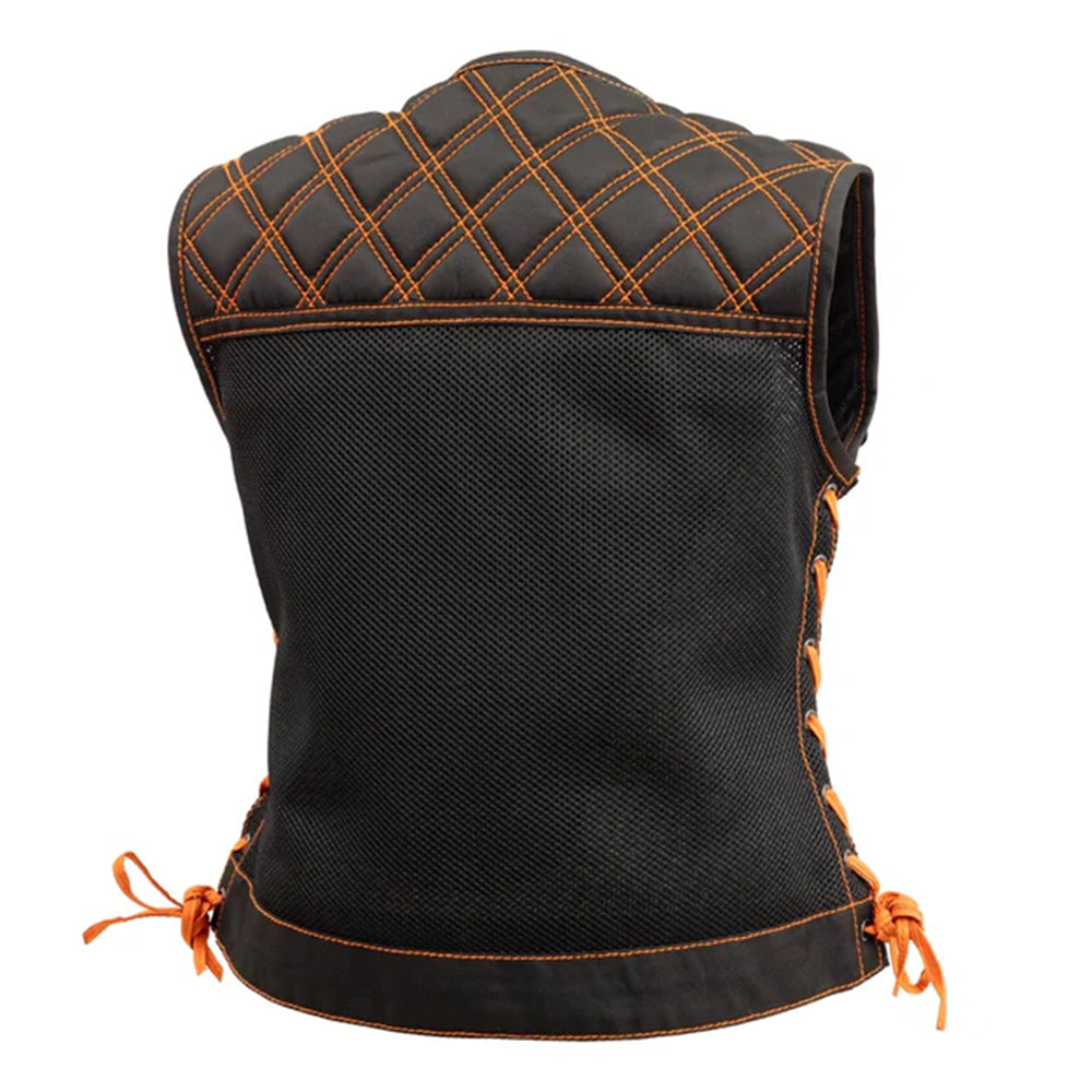 Ladies Black Mesh Vest w/Orange Stitching and Side Lace