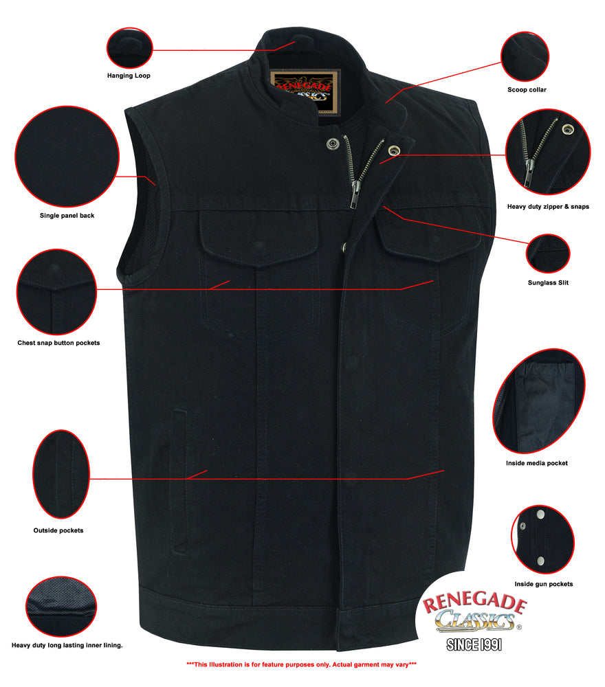 Weston Black Men's Denim Motorcycle Vest – Single Panel Back