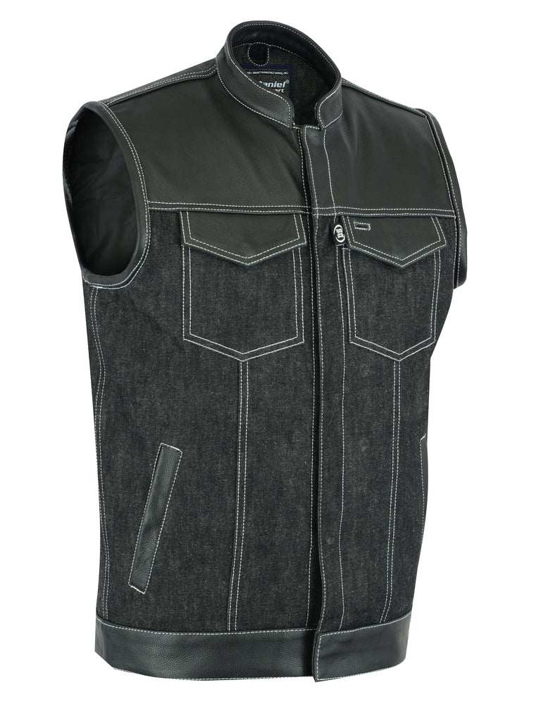 DM Men's Leather-Denim Combo Motorcycle Vest w/ Scoop Collar