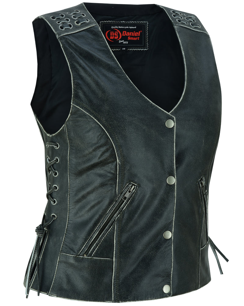 DS Women's Gray Vest with Grommet and Lacing Accents