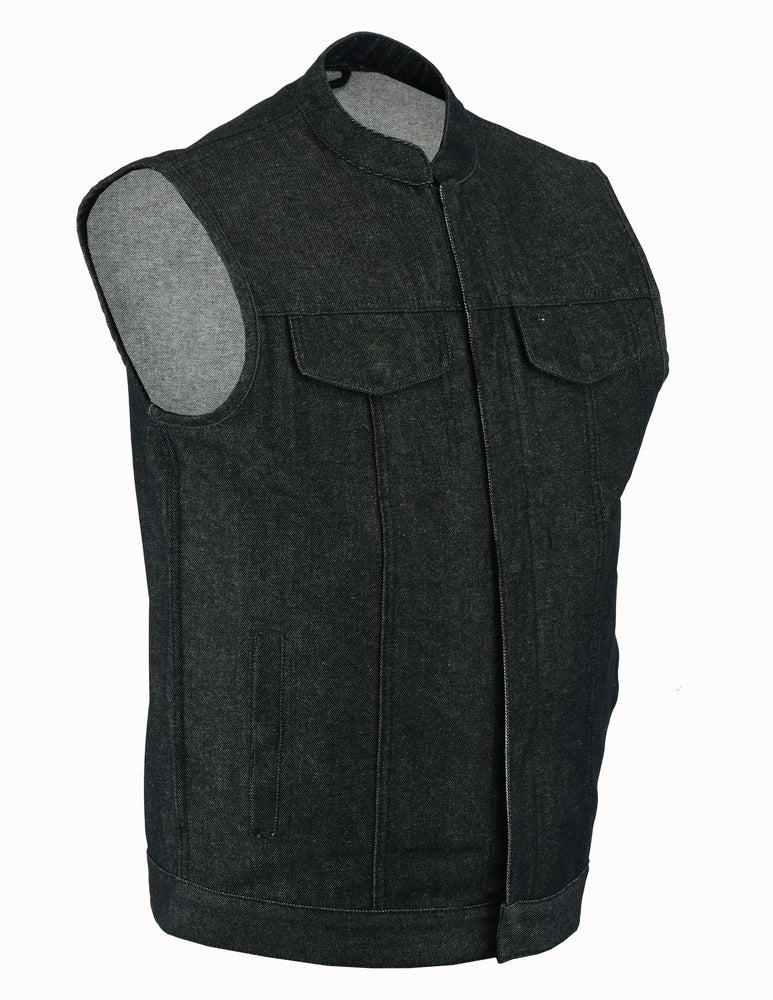 DM Men's Rough Rub-Off Raw Finish Motorcycle Denim Vest - Black