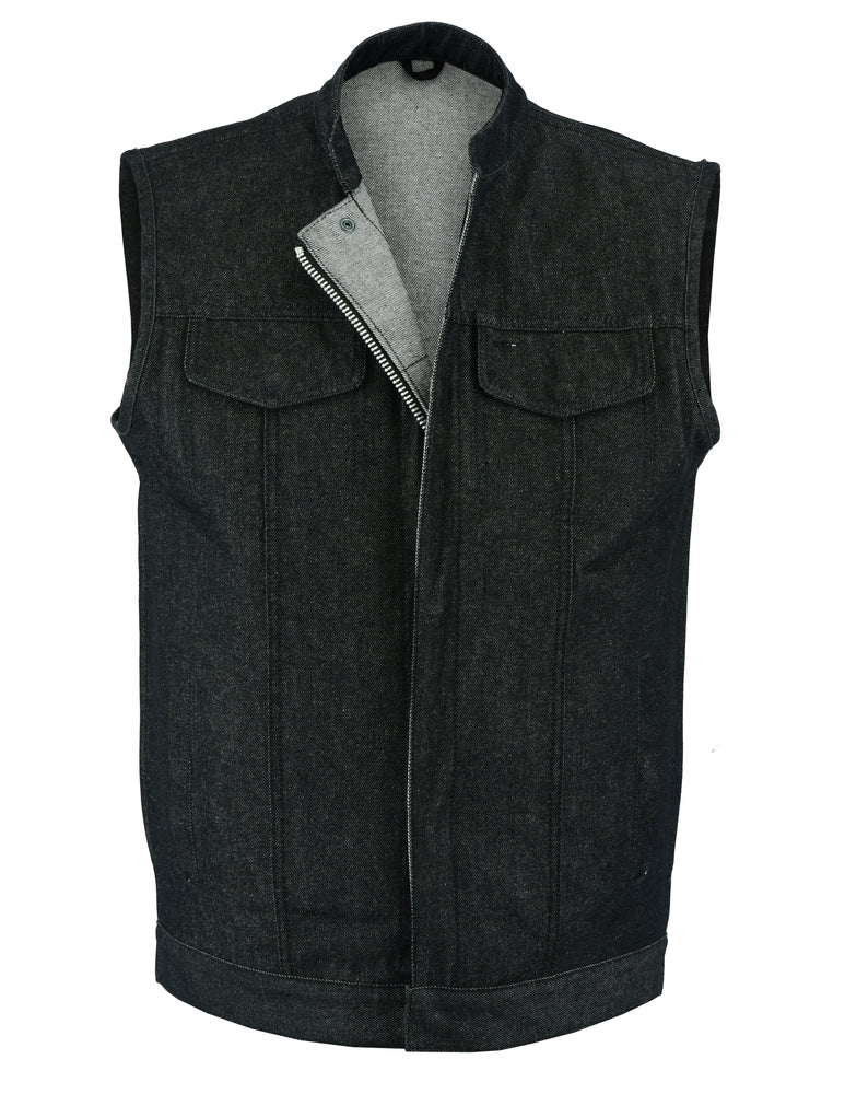 DM Men's Rough Rub-Off Raw Finish Motorcycle Denim Vest - Black
