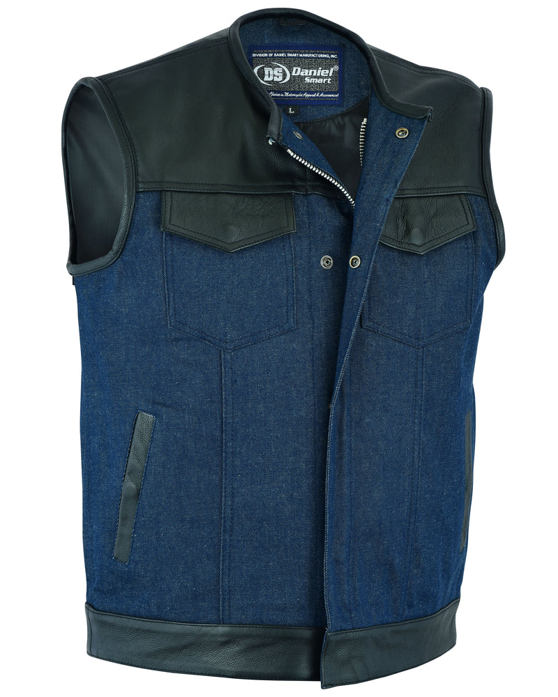 DM Men's Leather/Denim Combo Vest (Black/Broken Blue)