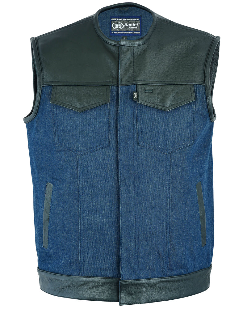 DM Men's Leather/Denim Combo Vest (Black/Broken Blue)