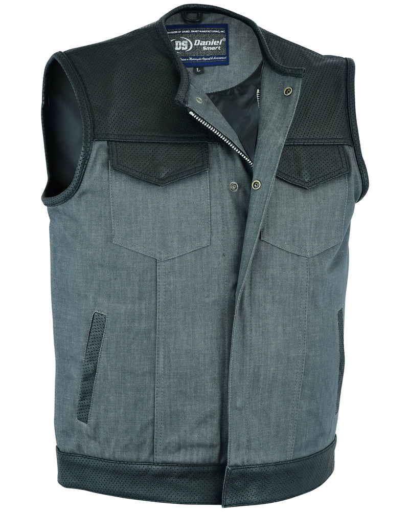 DM Men's Perforated Leather/Denim Combo Vest (Black/ Ash Gray)