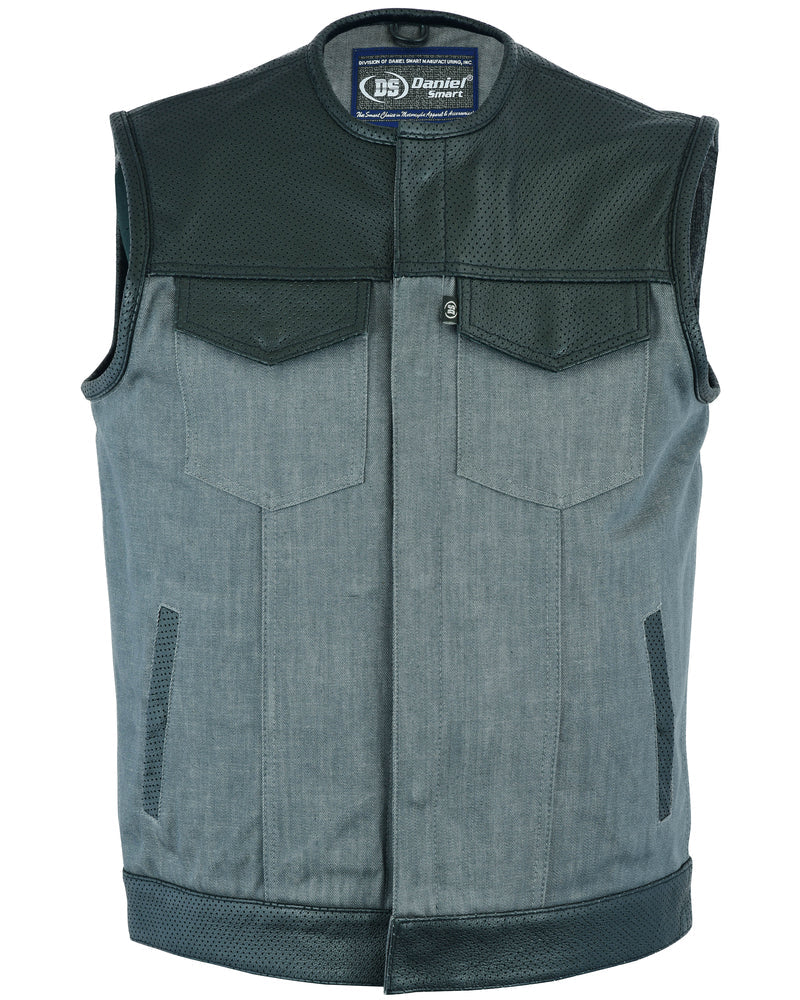 DM Men's Perforated Leather/Denim Combo Vest (Black/ Ash Gray)