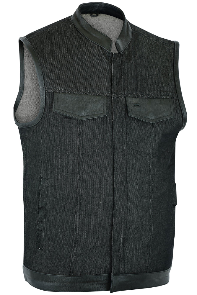 DM Men's Upgraded Rough Rub-Off Denim Motorcycle Vest w/Leather Trim