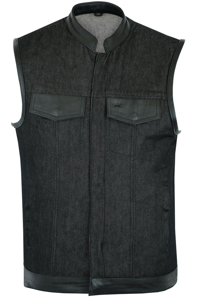 DM Men's Upgraded Rough Rub-Off Denim Motorcycle Vest w/Leather Trim