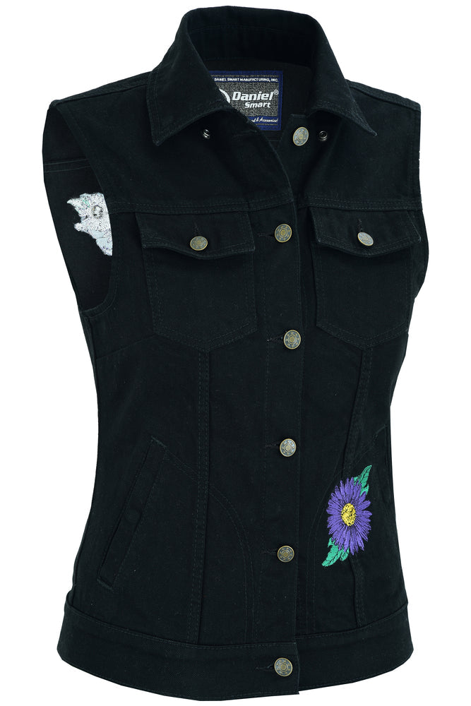 DM Women's Black Denim Snap Front Vest with Purple Daisy
