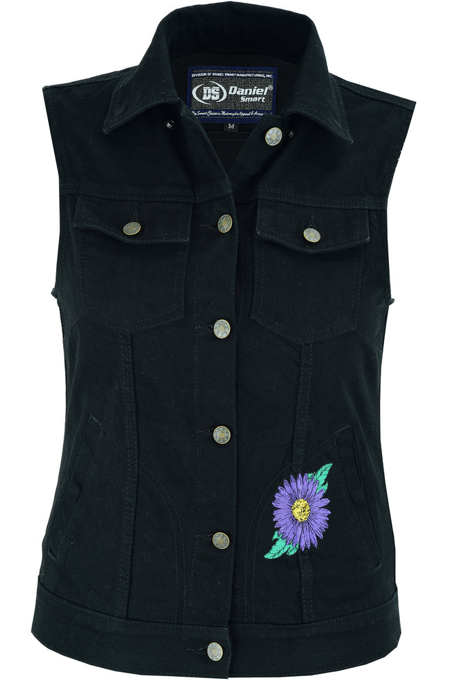 DM Women's Black Denim Snap Front Vest with Purple Daisy