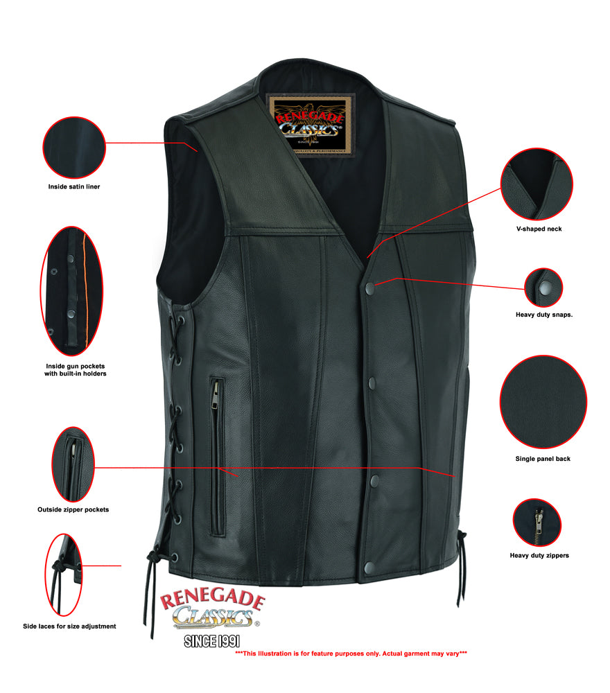 Clubster Men's Black Milled Cowhide Side Lace Motorcycle Leather Vest