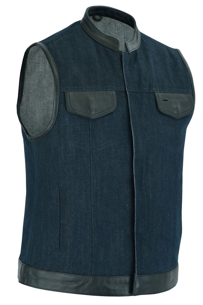 DM Women's Broken Blue Rough Rub-Off Raw Finish Denim Vest W/Leath